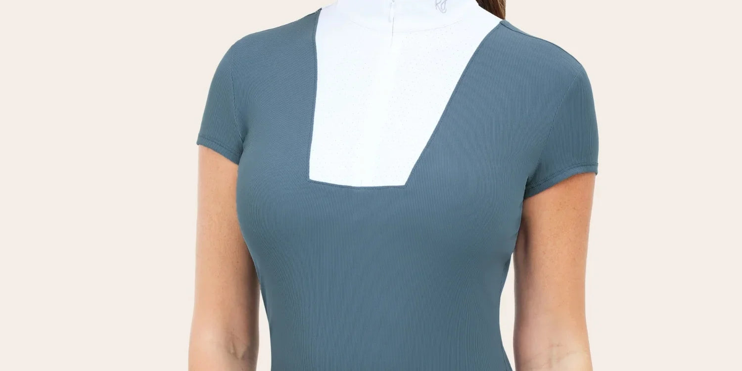 Woman wearing RJ Classics Celeste Show Shirt in Atlantic, front view