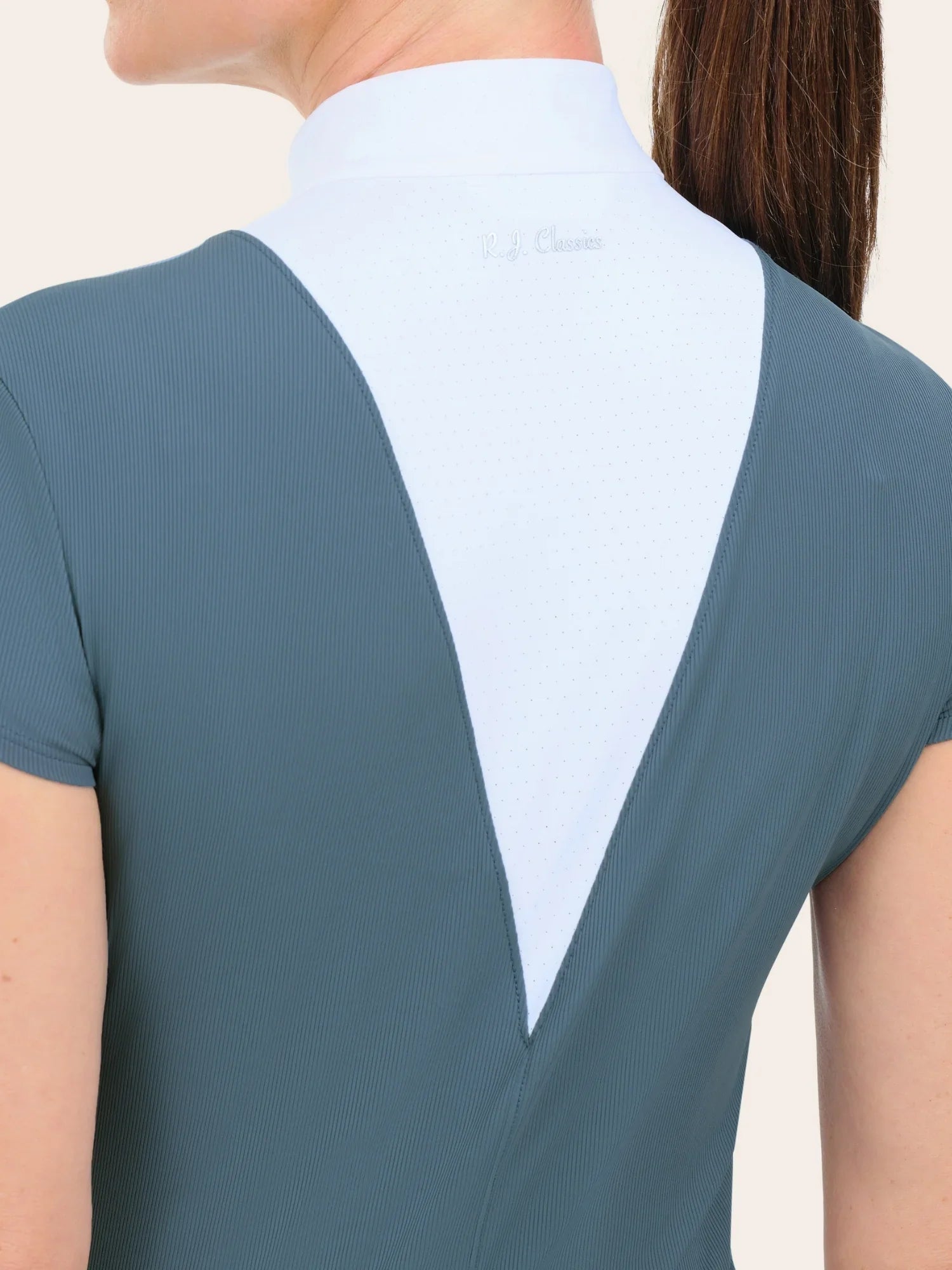 Close-up of RJ Classics Celeste Show Shirt in Atlantic showing white back panel and collar