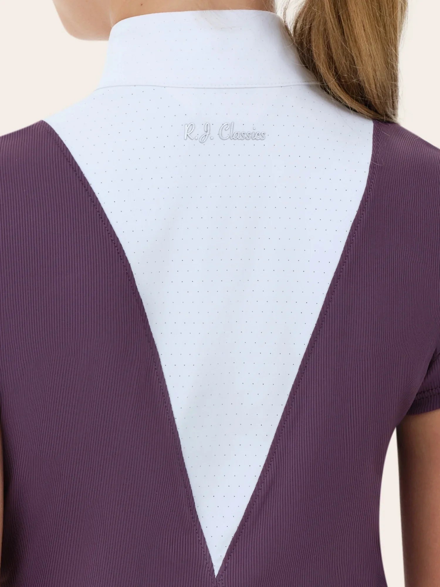 Close-up of RJ Classics Celeste Jr. Show Shirt in grape showing back collar with logo