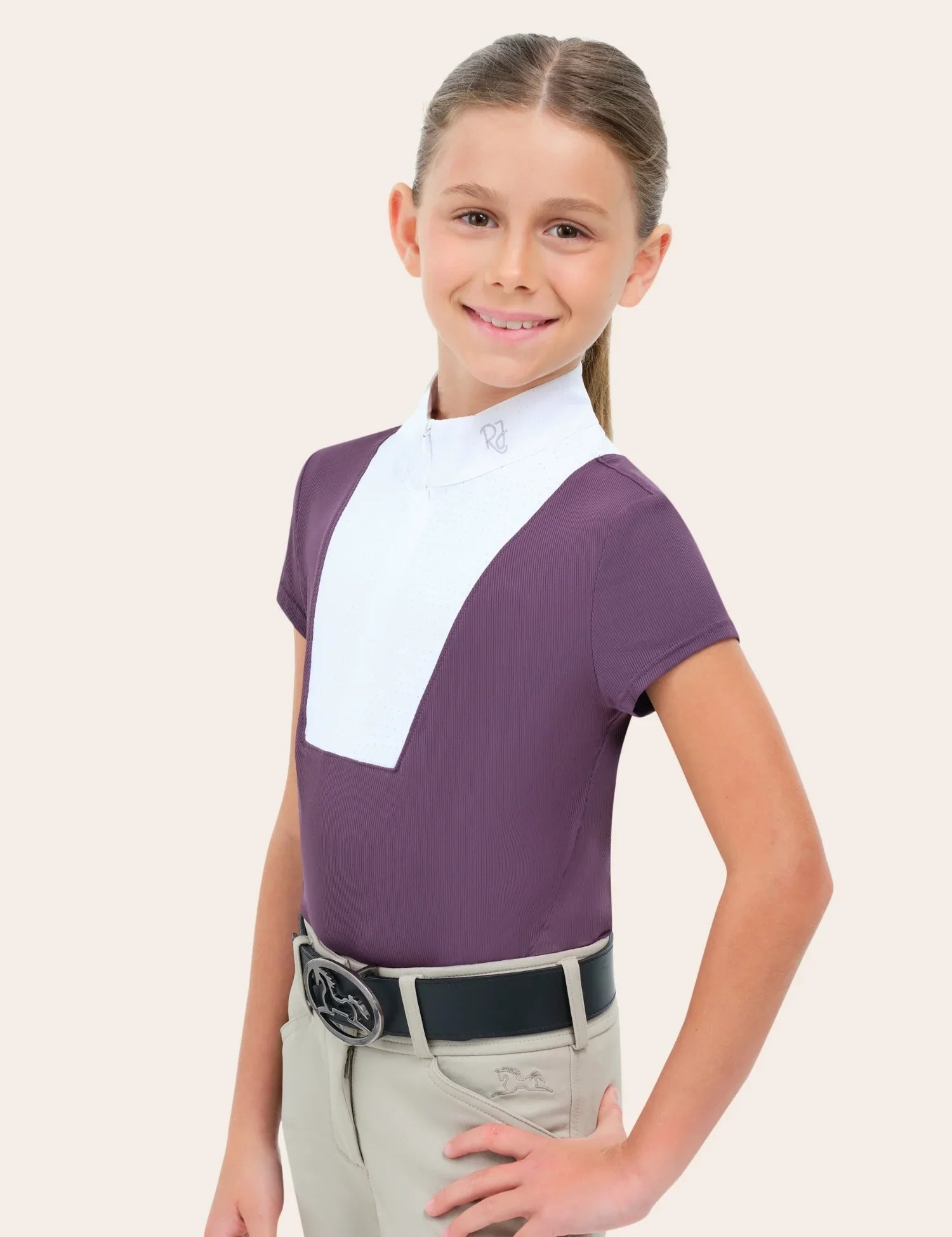 Child wearing RJ Classics Celeste Jr. Show Shirt in grape, front view