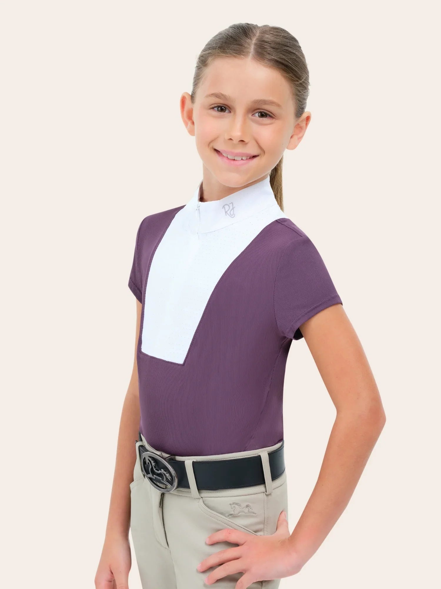 Child wearing RJ Classics Celeste Jr. Show Shirt in grape, front view