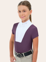 Child wearing RJ Classics Celeste Jr. Show Shirt in grape, front view with belt and tan breeches