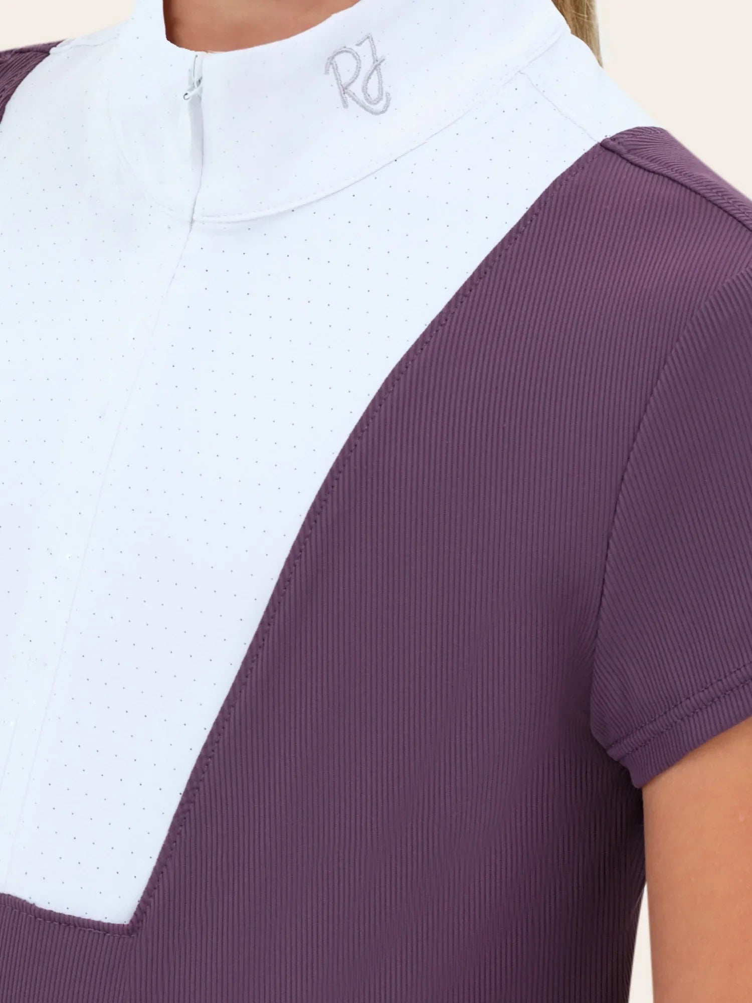 Close-up of RJ Classics Celeste Jr. Show Shirt in grape showing white collar and front bib