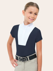 Front view of a young female model wearing the navy RJ Classics Celeste Jr. Show Shirt on a white background