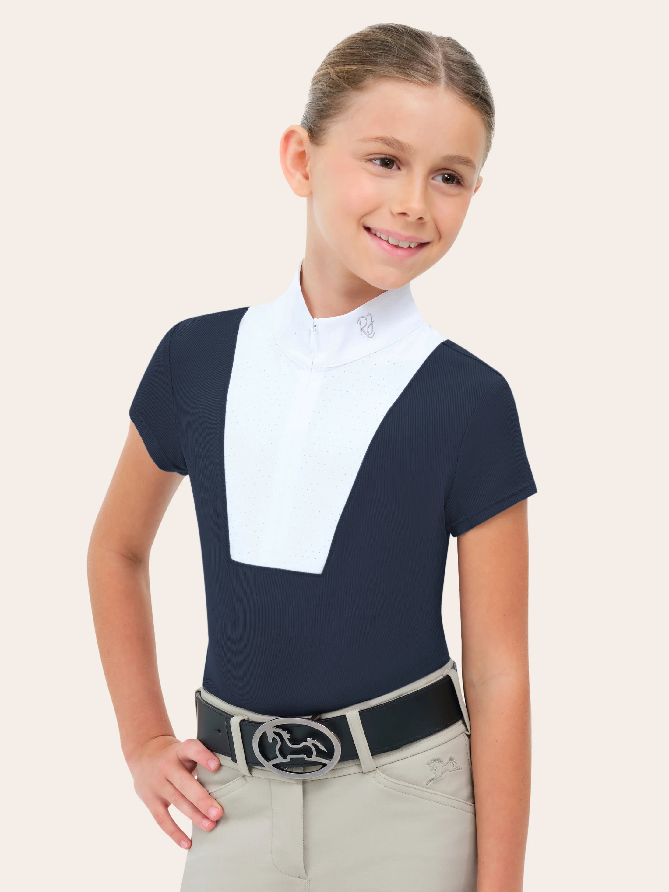 Front view of a young female model wearing the navy RJ Classics Celeste Jr. Show Shirt on a white background