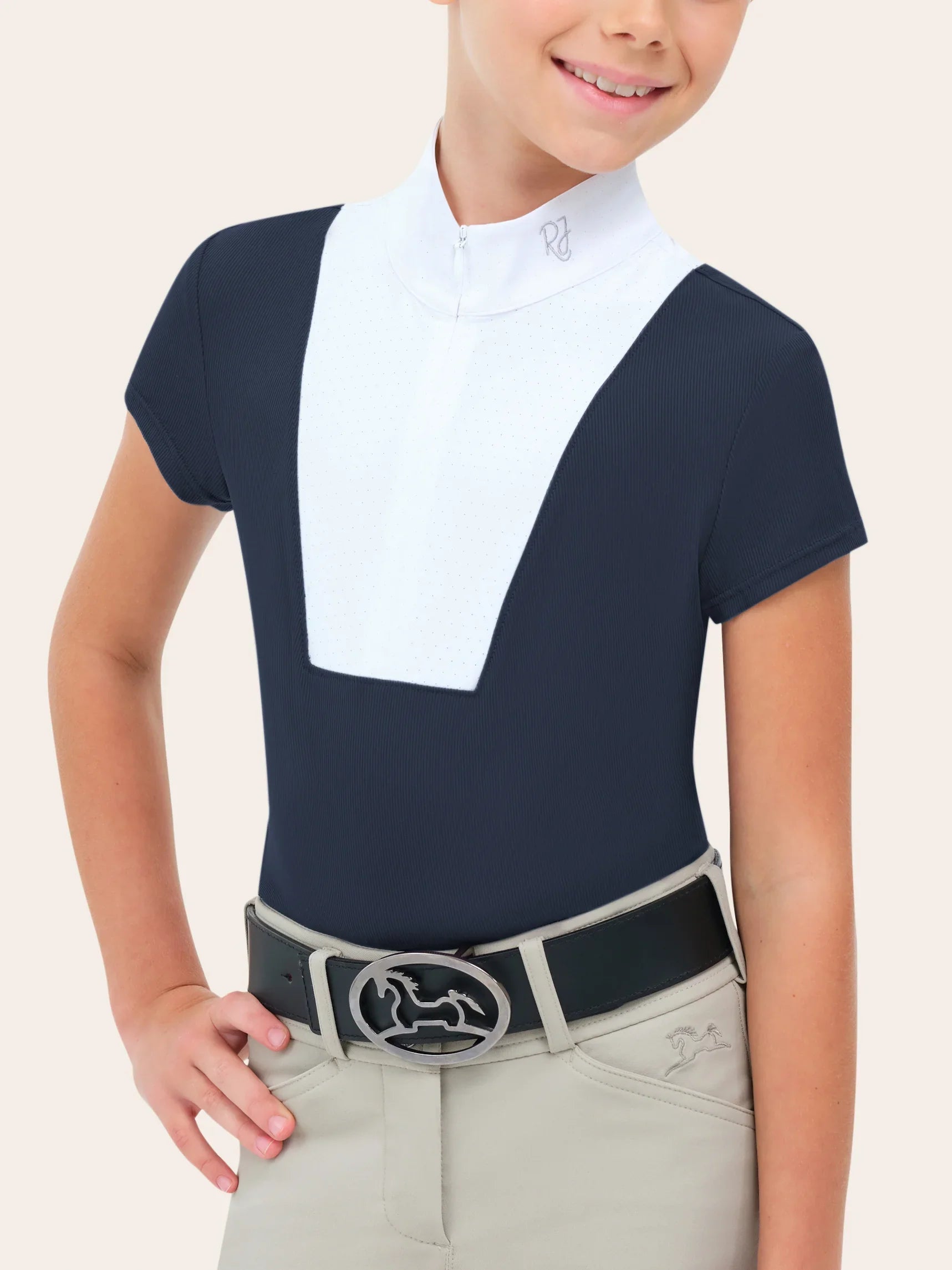 Front view of a young female model wearing the navy RJ Classics Celeste Jr. Show Shirt on a white background