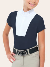 Front view of a young female model wearing the navy RJ Classics Celeste Jr. Show Shirt on a white background
