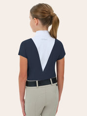 Back view of a young female model wearing the navy RJ Classics Celeste Jr. Show Shirt on a white background