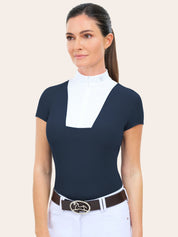 Front view of a female model wearing the navy RJ Classics Celeste Show Shirt on a plain background