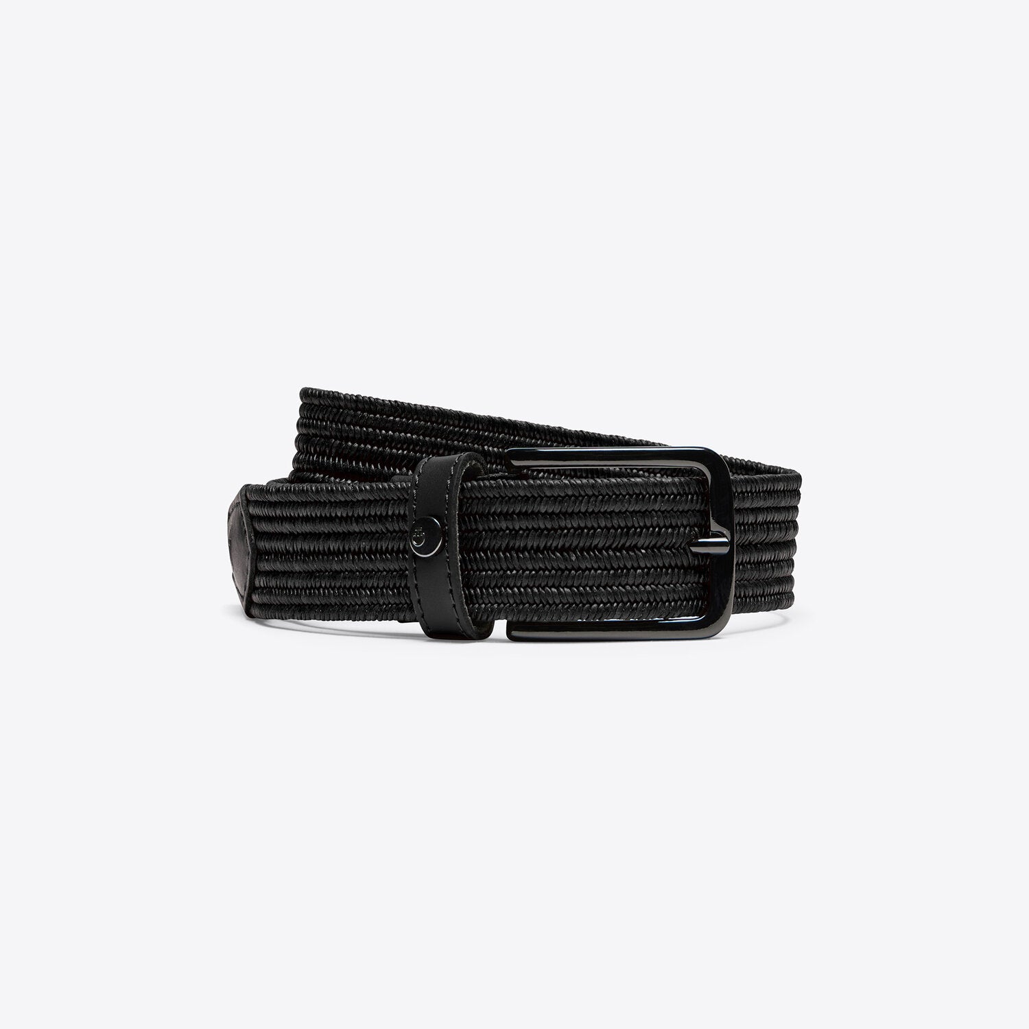 Front buckle view of a rolled up black Cavalleria Toscana Elastic Belt on a plain background