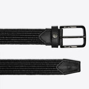 Side-by-side buckle and tail-end views of the black Cavalleria Toscana Elastic Belt on a plain background