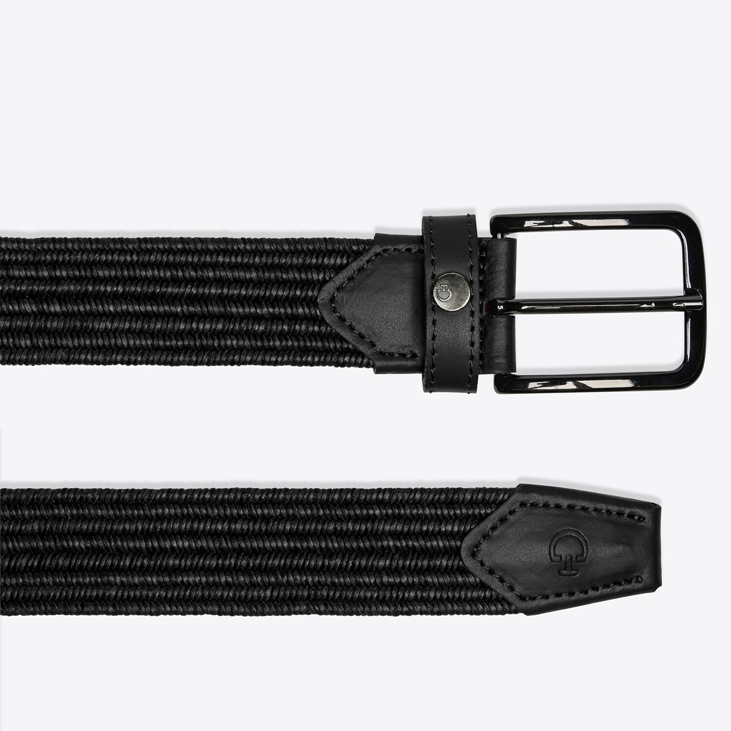 Side-by-side buckle and tail-end views of the black Cavalleria Toscana Elastic Belt on a plain background
