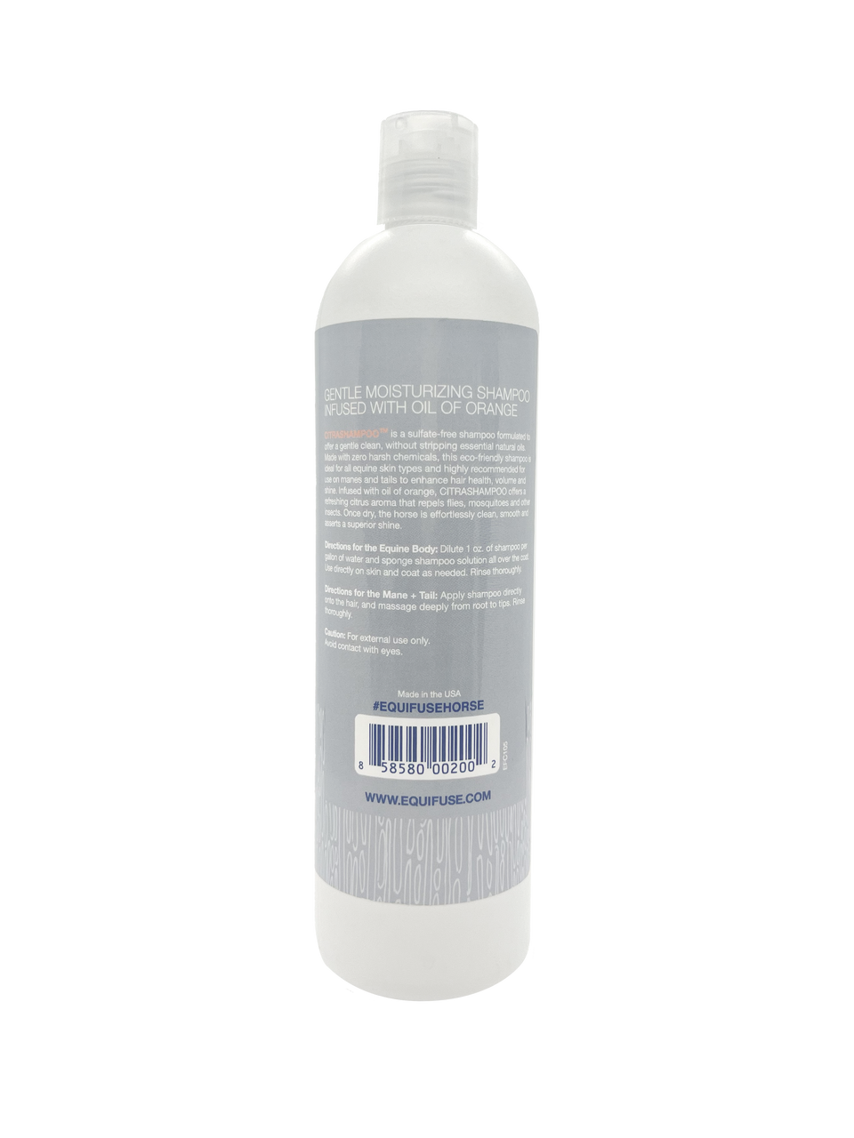 Back view of a 16 oz bottle of Equifuse CitraShampoo Sulfate Free + Foaming Horse Shampoo on a white background