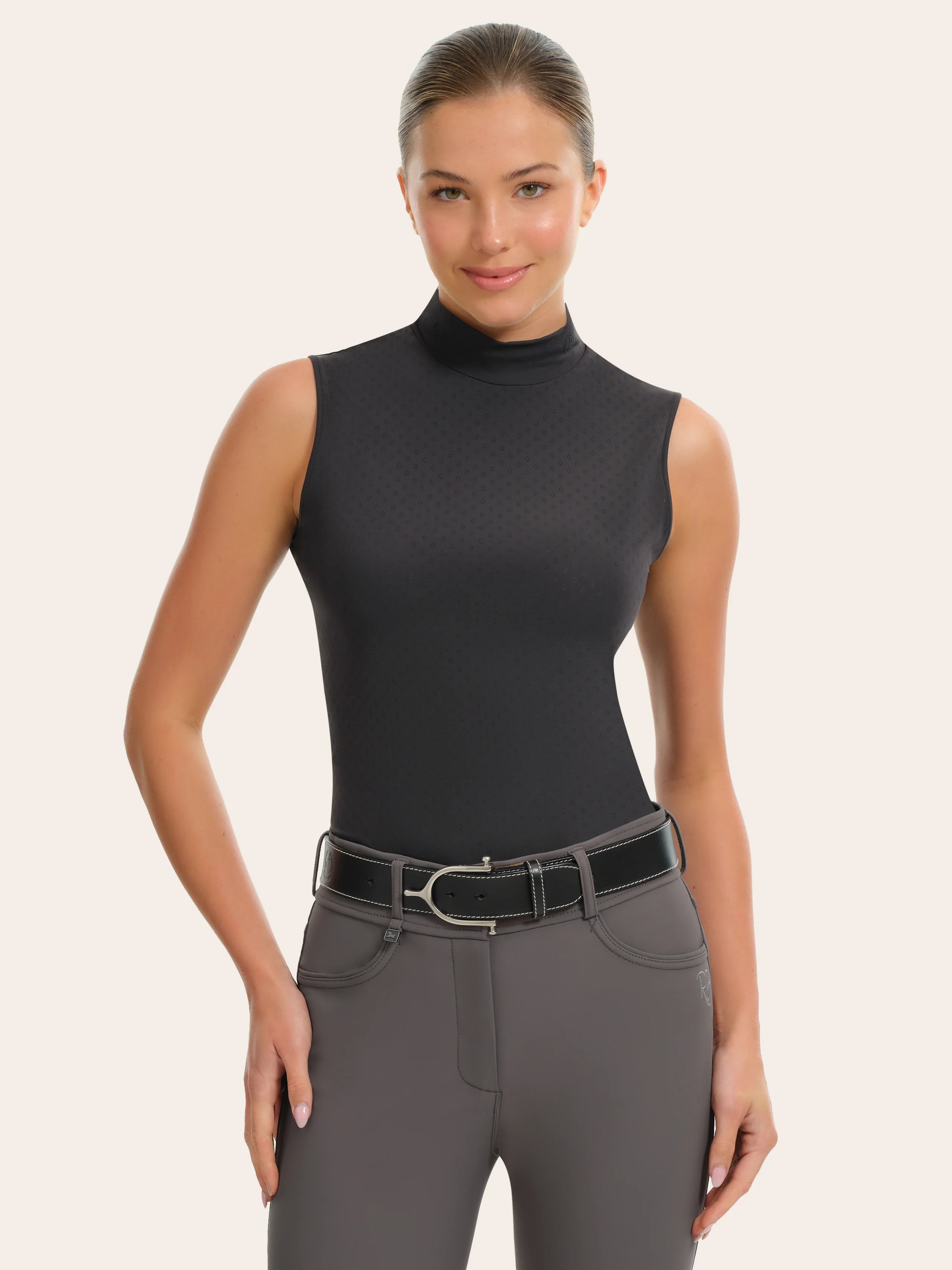 Front view of a female model wearing the smoke RJ Classics Corrie Mock Neck Shirt on a white background