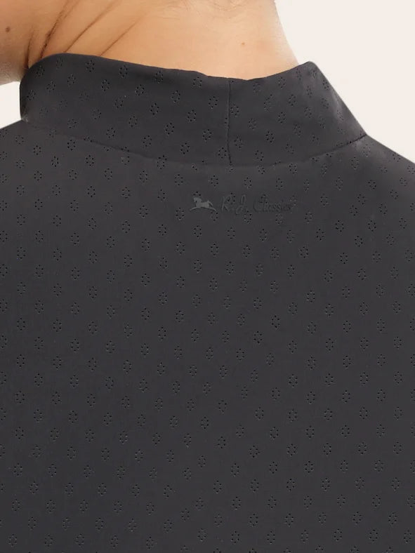 Close-up back view of a female model wearing the smoke RJ Classics Corrie Mock Neck Shirt on a white background