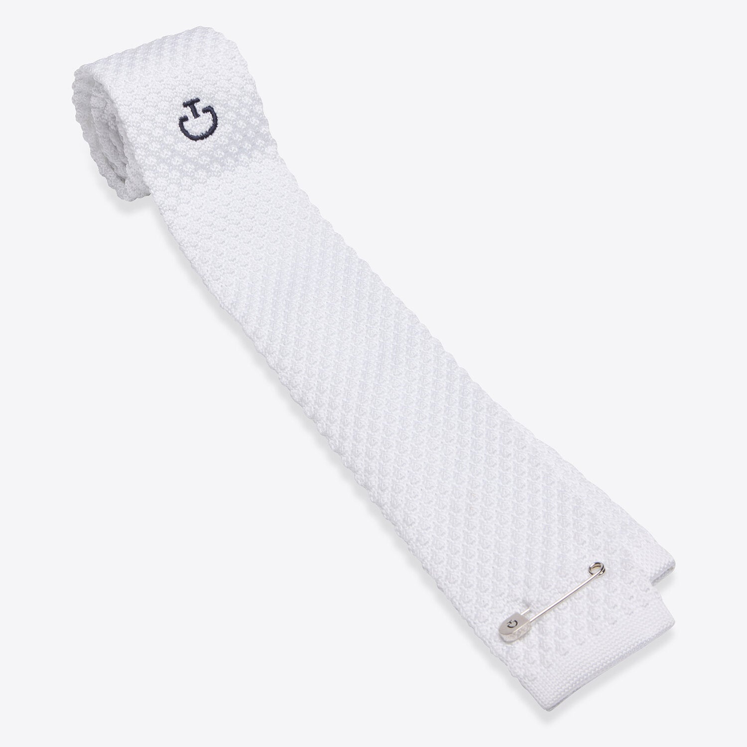 Cavalleria Toscana white tricot knit tie with embroidered logo and silver tie pin