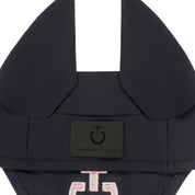 Close up of the back of the Cavalleria Toscana Ear Net in charcoal showing the black tag with logo