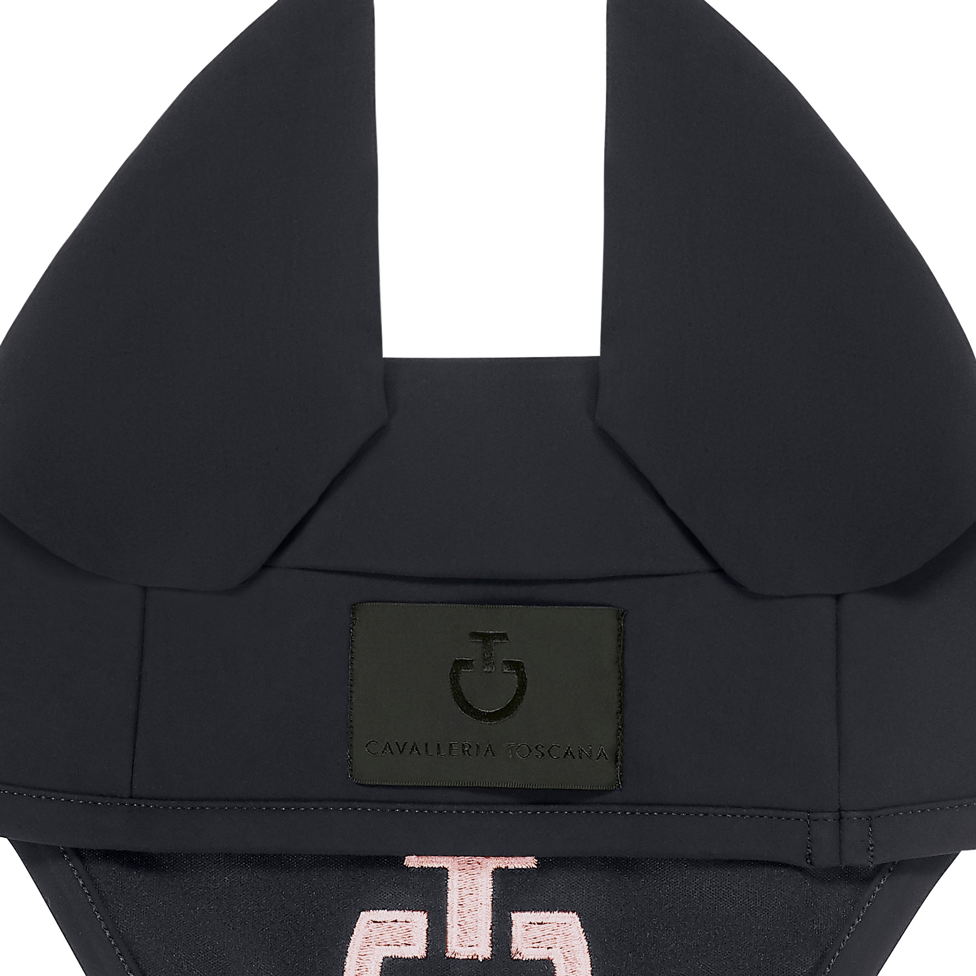 Close up of the back of the Cavalleria Toscana Ear Net in charcoal showing the black tag with logo