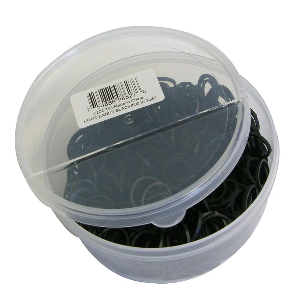 Full view of the container of 500 black Intrepid Braiding Bands on a white background