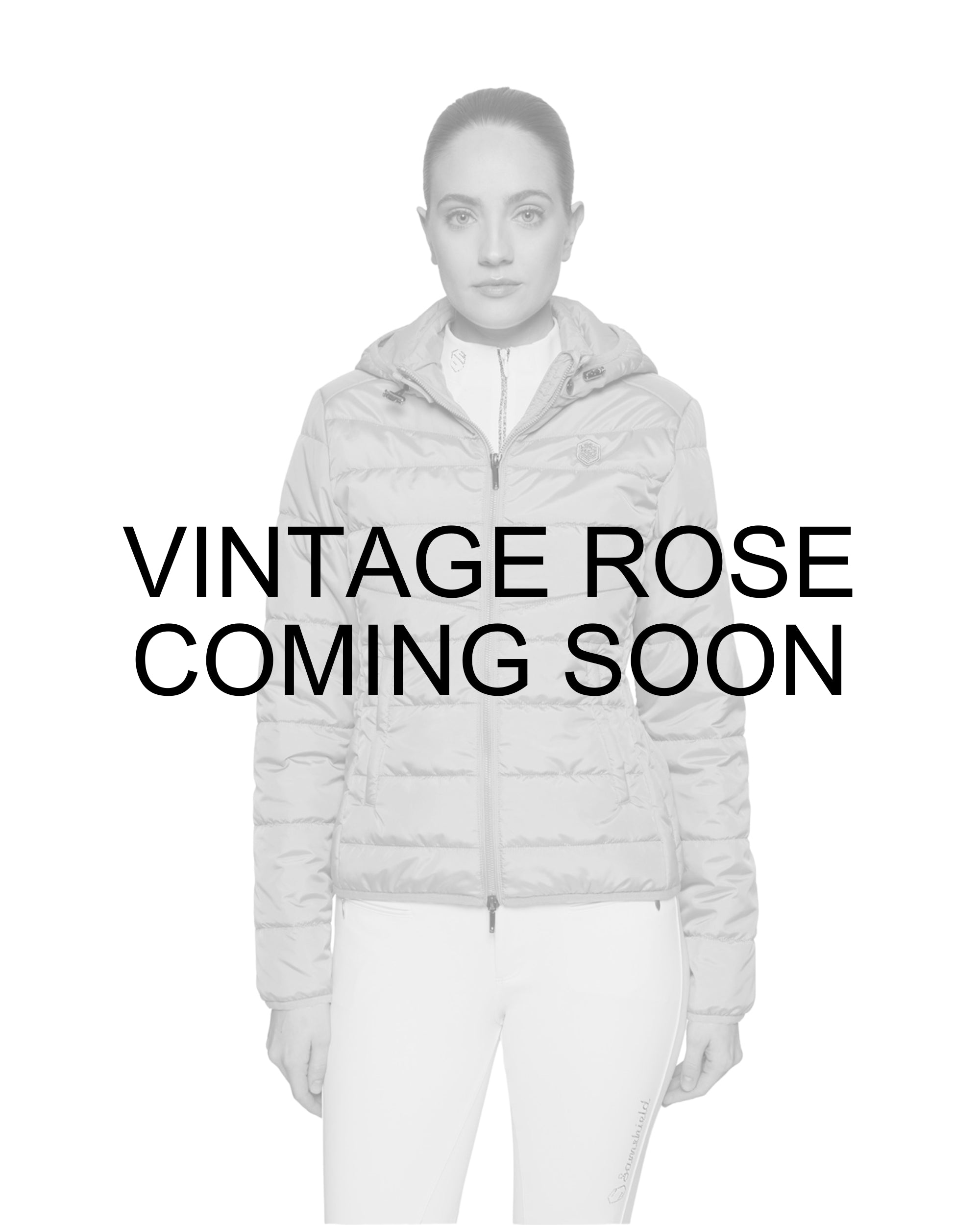 Coming Soon Infographic showing a female model wearing the Vintage Rose Samshield Davos Puffer Jacket on a white background