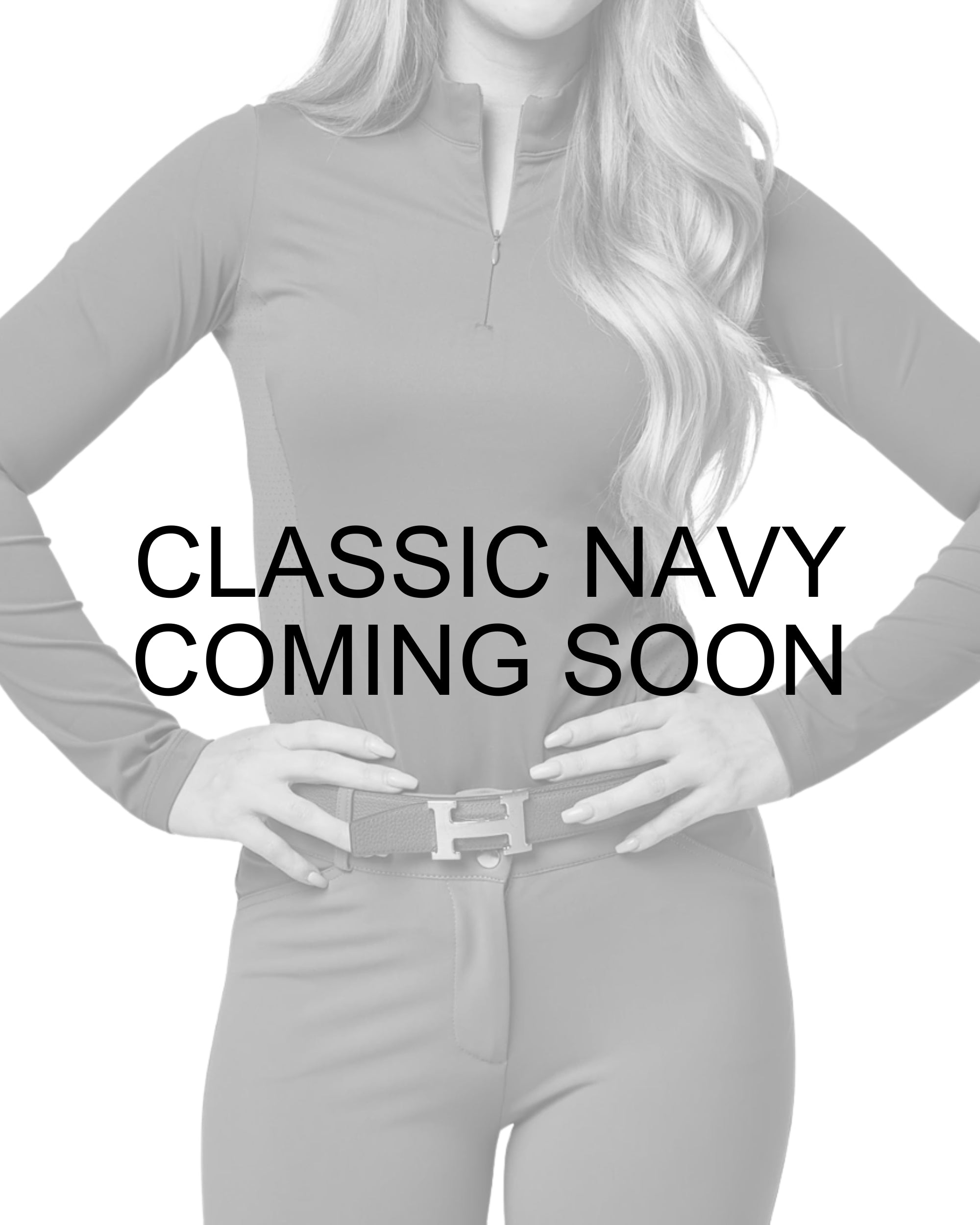 Coming Soon Infographic of a female model wearing the Classic Navy TKEQ The 'LOGAN' Perforated Competition Top on a plain background