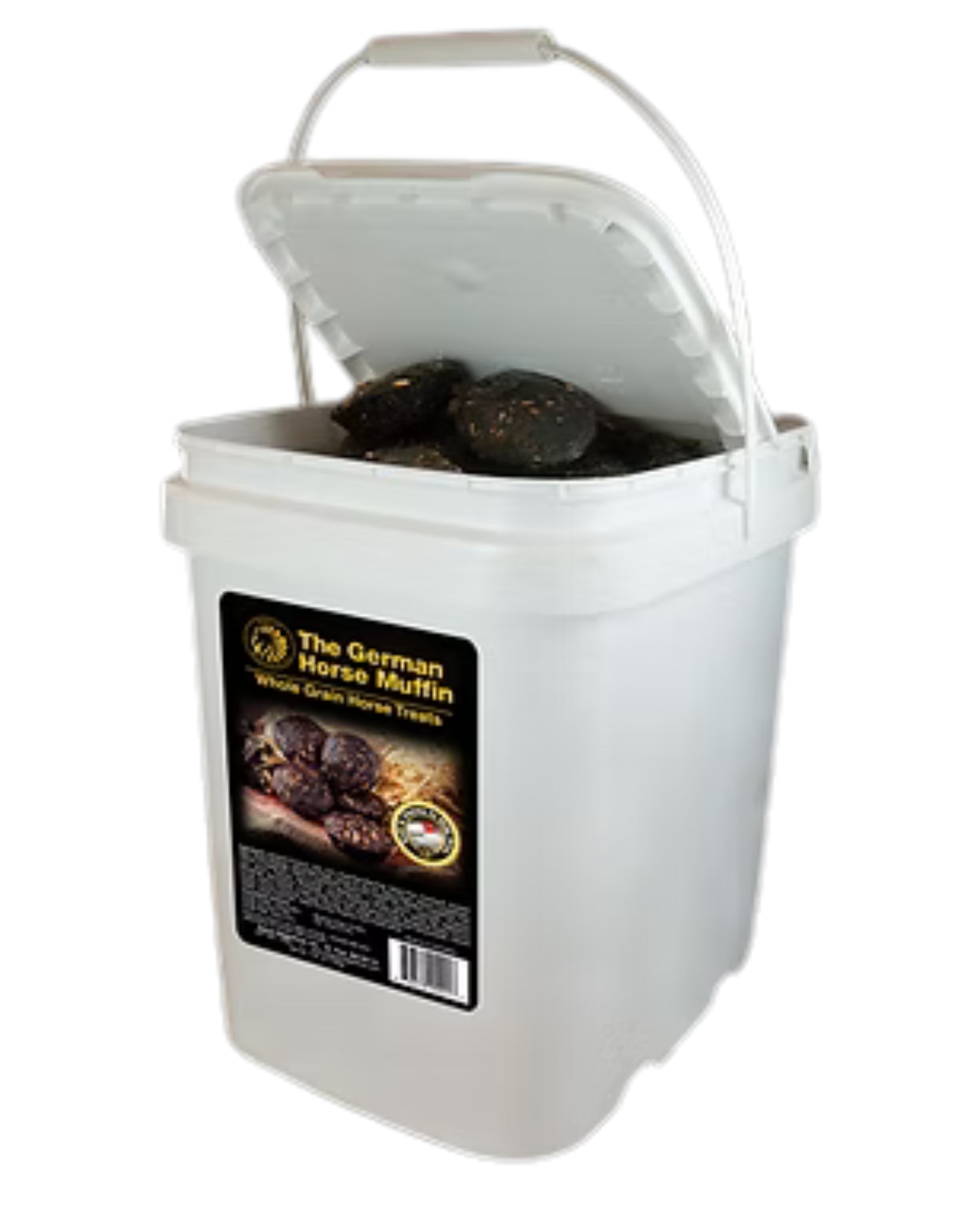 Angled front view of a 14 lb bucket of Equus Magnificus The German Horse Muffin on a white background