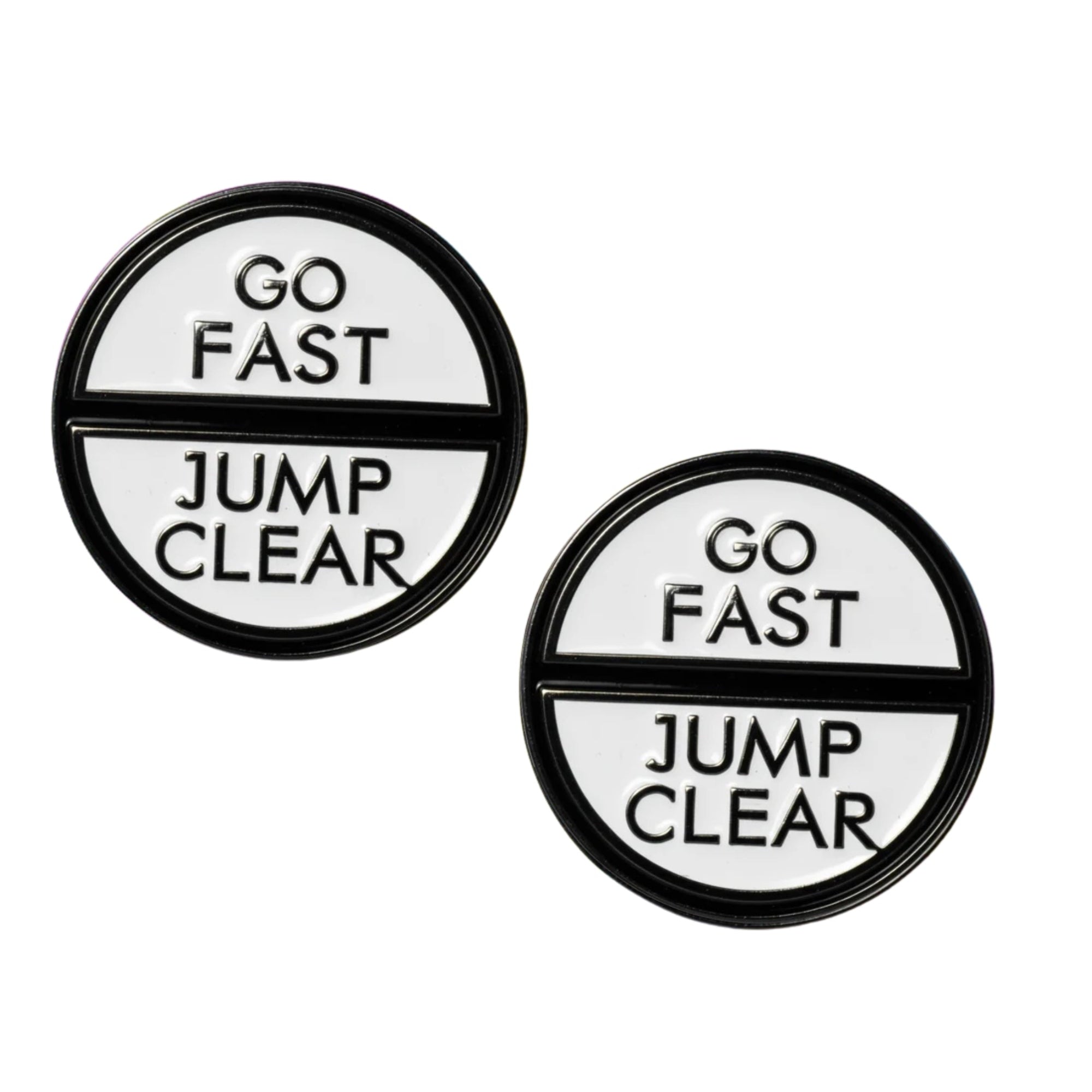 Front view of a pair of Go Fast Jump Clear Dubois Cheval Number Pin Charm on a white background