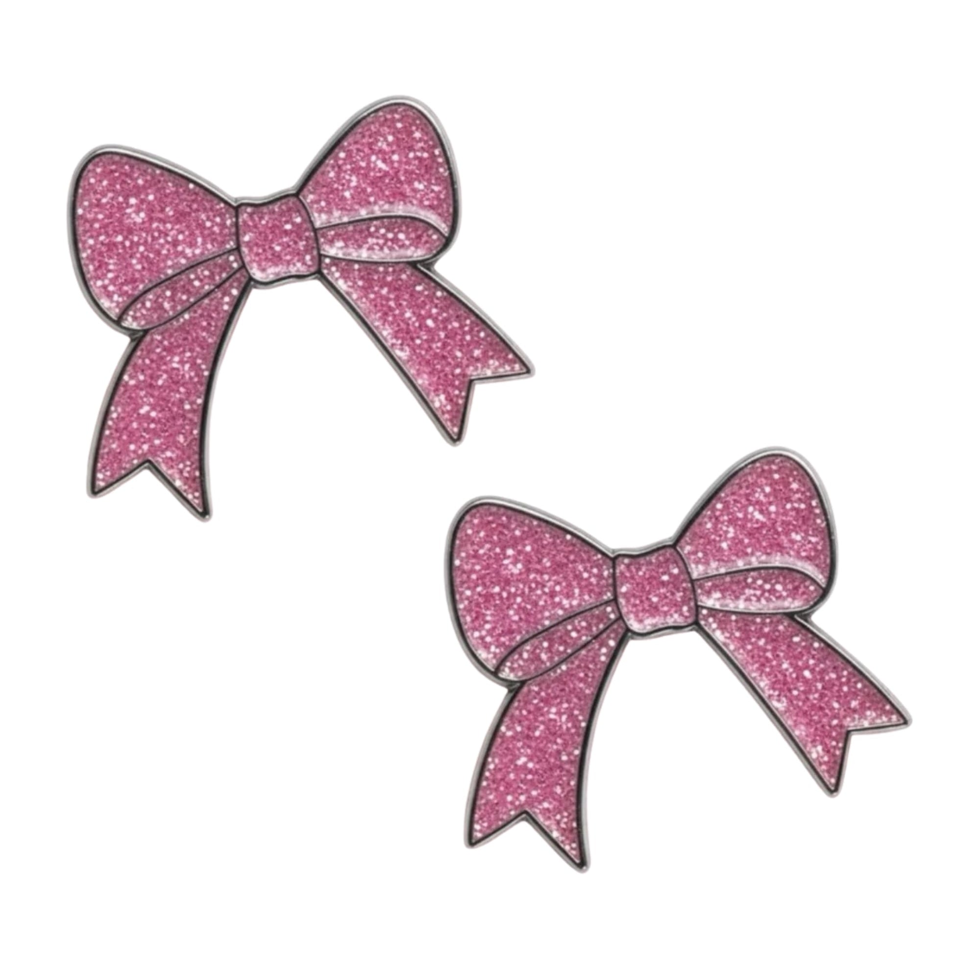 Front view of a pair of Pink Bow Dubois Cheval Number Pin Charm on a white background