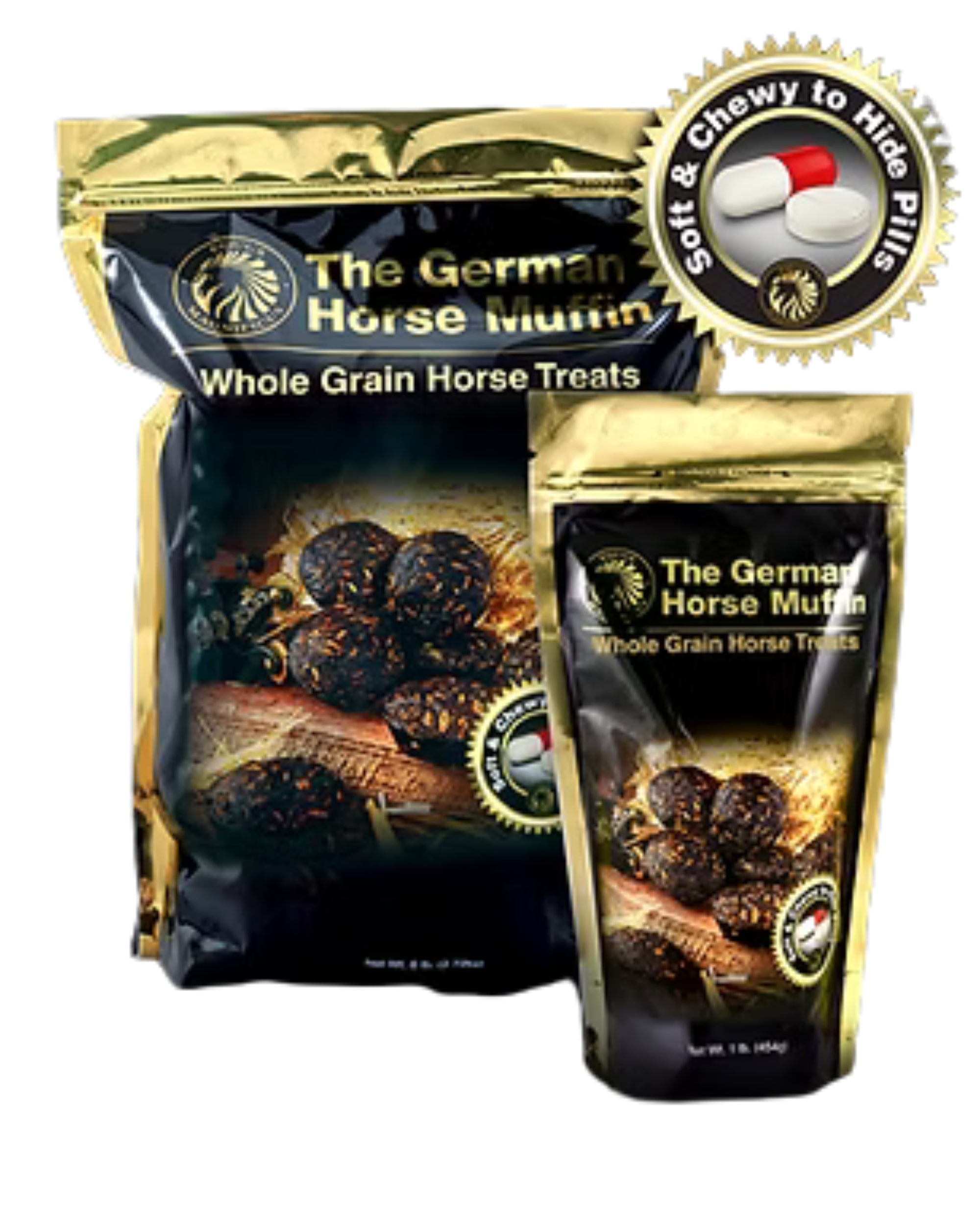 Front view of a 1lb bag and a 6lb bag of Equus Magnificus The German Horse Muffin on a white background