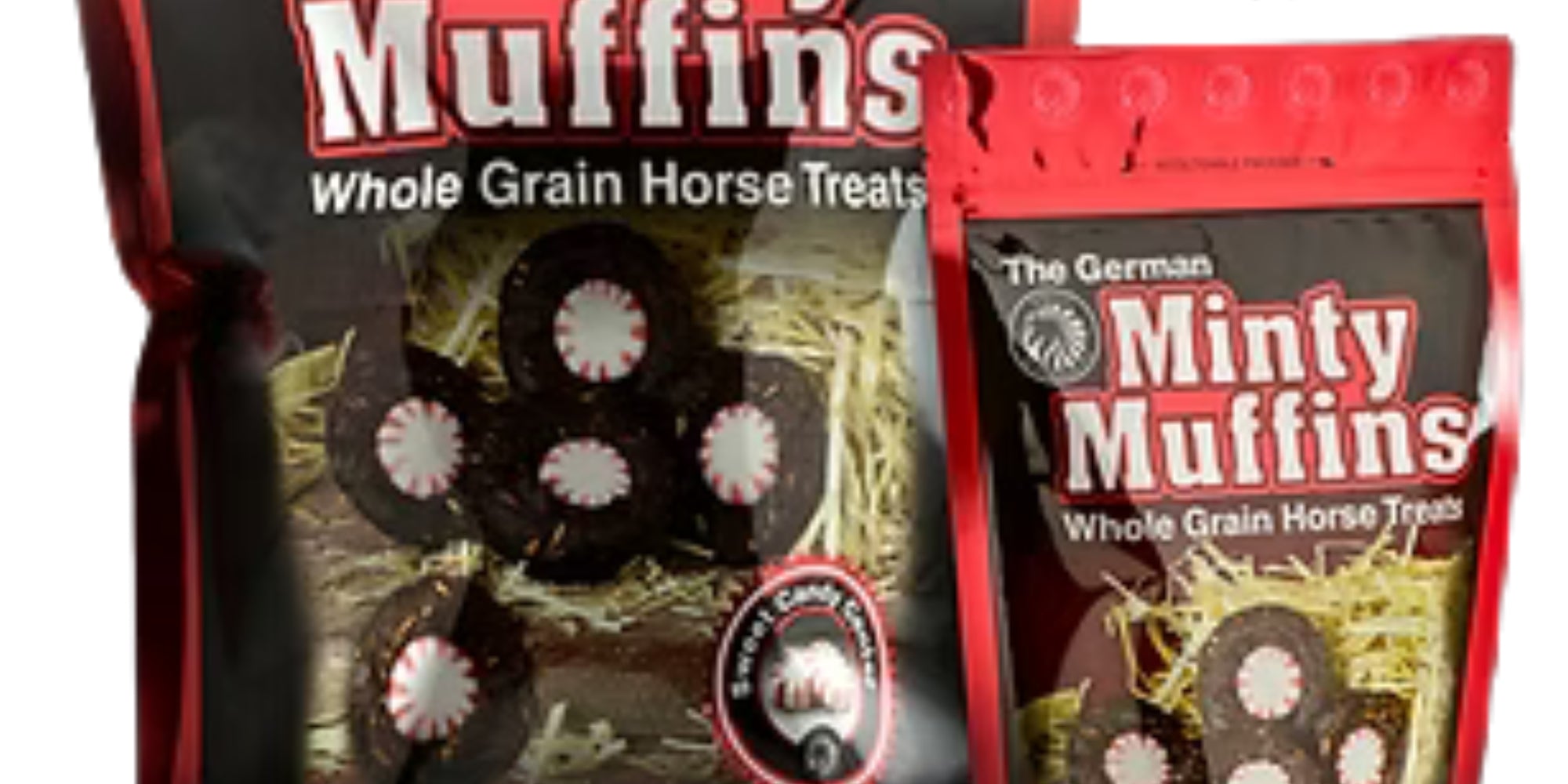 Front views of the 1lb bag and 6lb bag of Equus Magnificus The German Minty Muffins on a white background