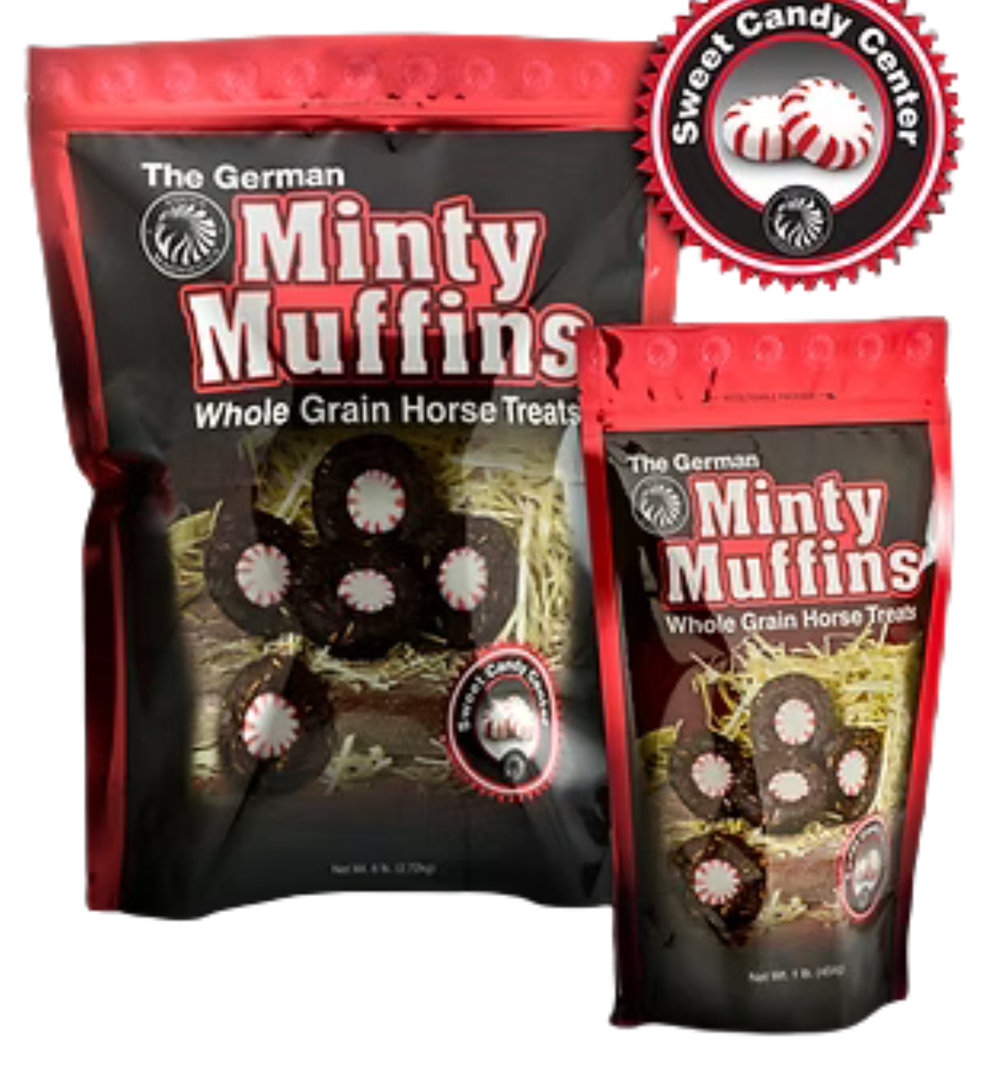 Front views of the 1lb bag and 6lb bag of Equus Magnificus The German Minty Muffins on a white background