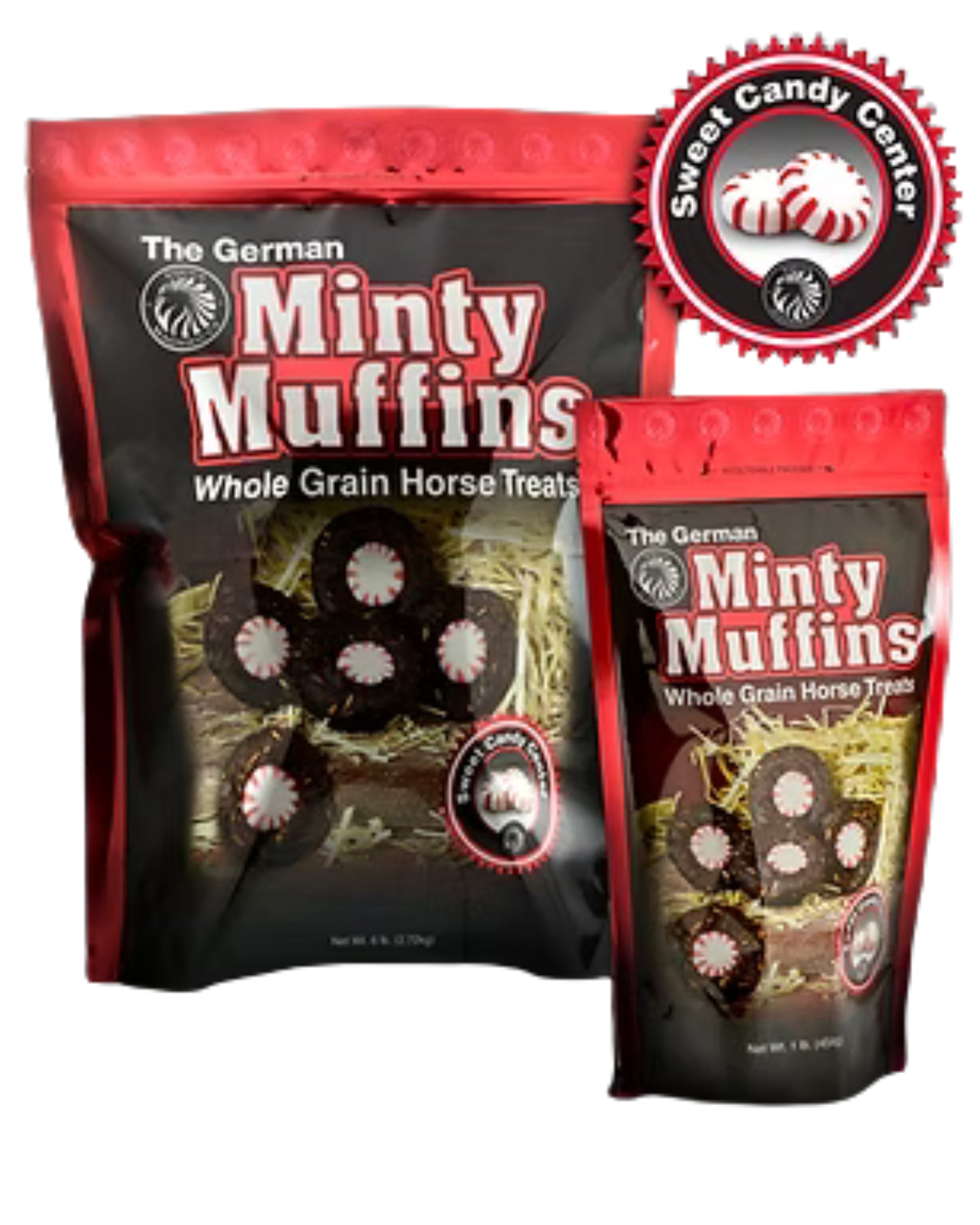 Front views of the 1lb bag and 6lb bag of Equus Magnificus The German Minty Muffins on a white background
