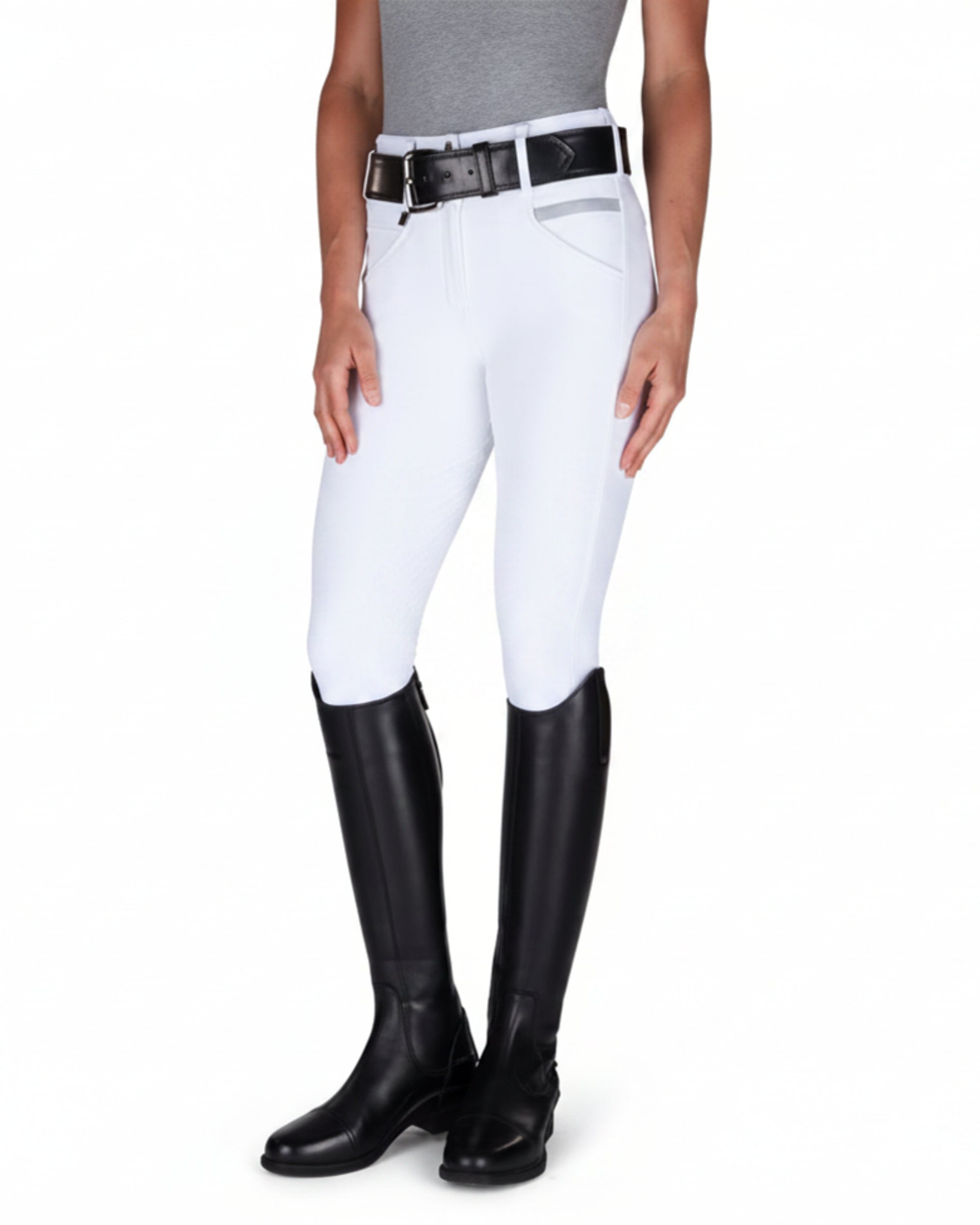 Angled front view of a model wearing the white Romfh Isabella Silicone Full Seat Breech on a white background