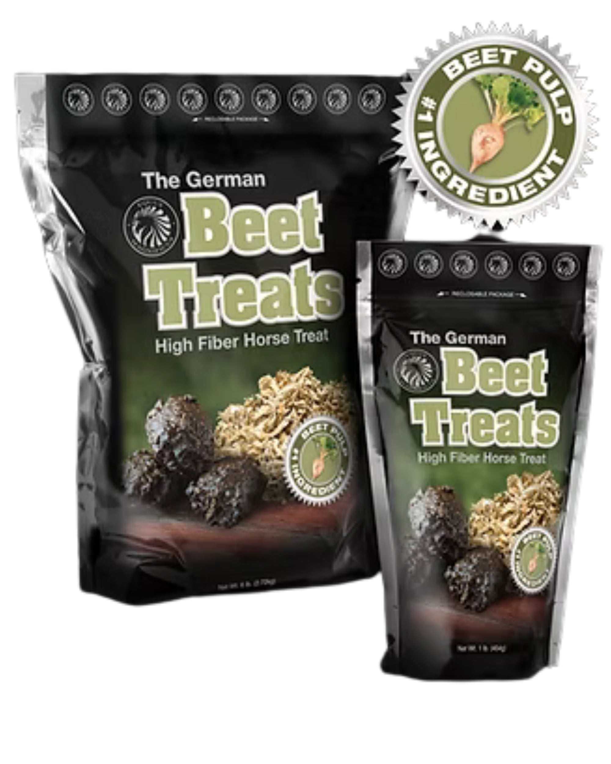 Front views of a 1lb bag and a 6lb bag of Equus Magnificus German Beet Treats on a white background