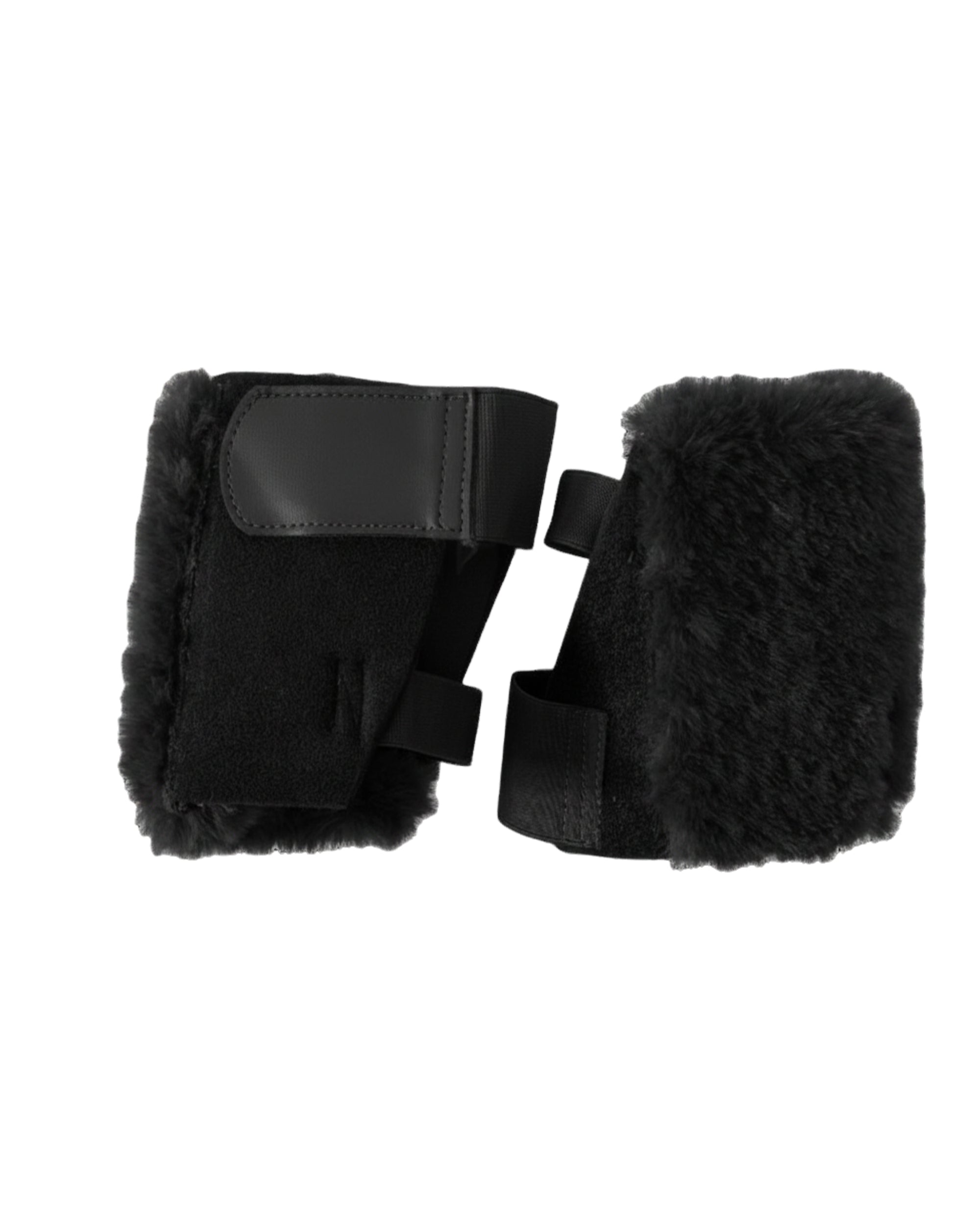 Side-by-side front and back views of a pair of black Kavalkade "SafeHeel" Faux Fur Spur Protector on a white background