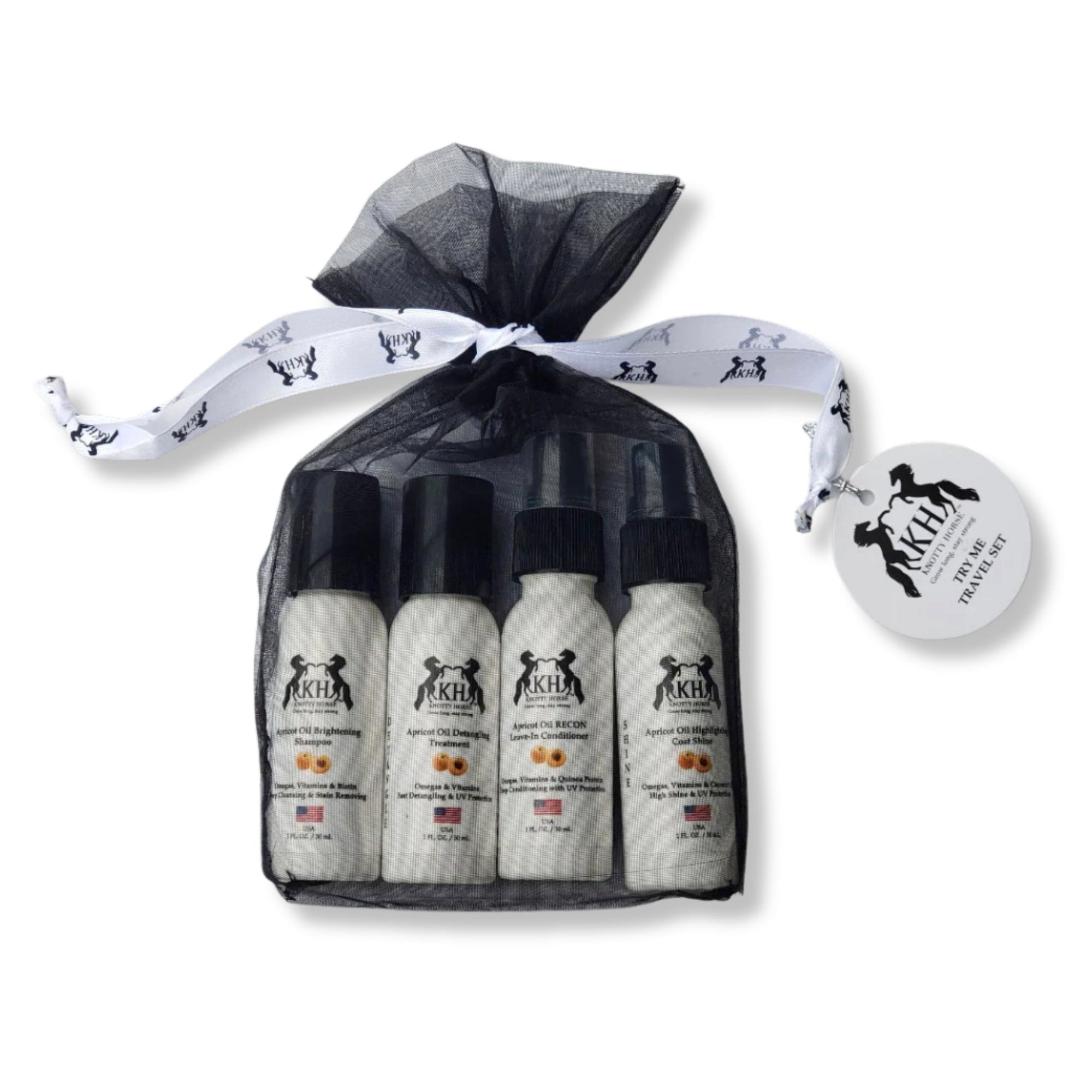 Full view of the Knotty Horse Apricot Oil Try Me Travel Set on a white background
