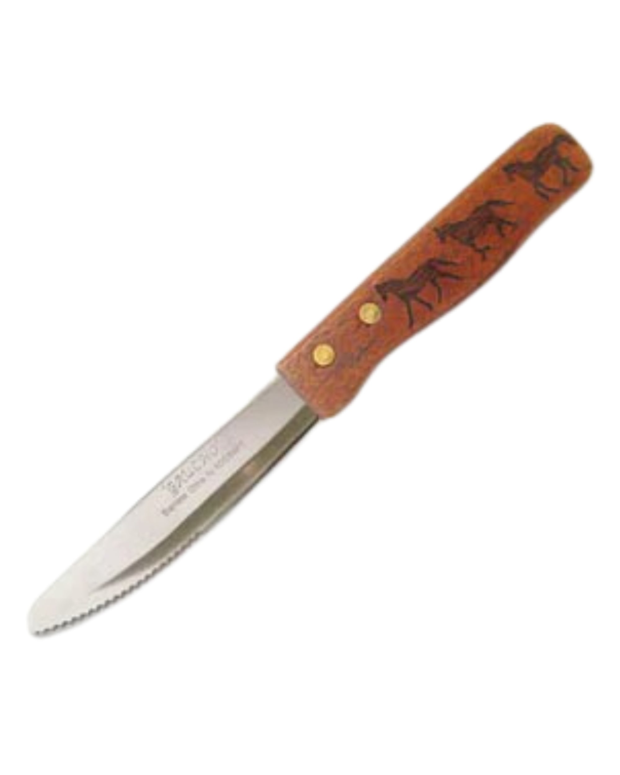 View of one of the Running Horses  Country Barn USA 4 Piece Steak House-Style Knives Set on a white background