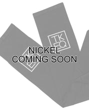 Infographic view of a pair of nickel TKEQ Logo Boot Socks on a white background