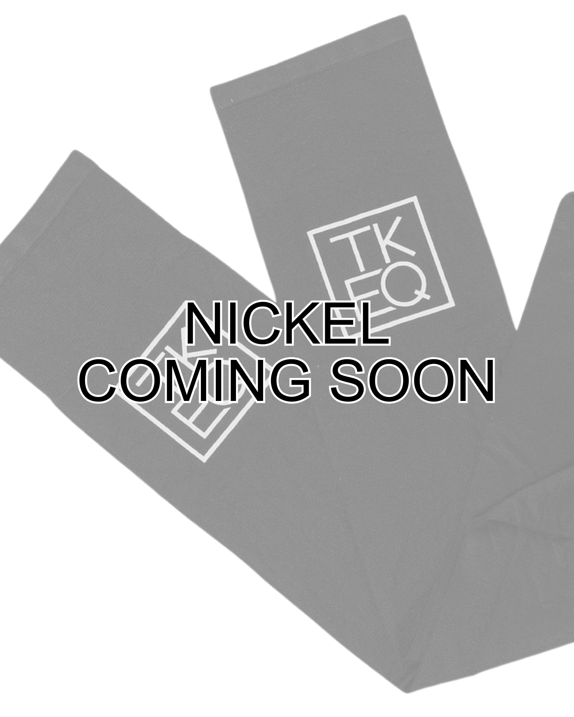 Infographic view of a pair of nickel TKEQ Logo Boot Socks on a white background