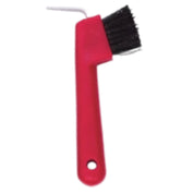 Side view of the red Hoof Pick With Brush on a white background