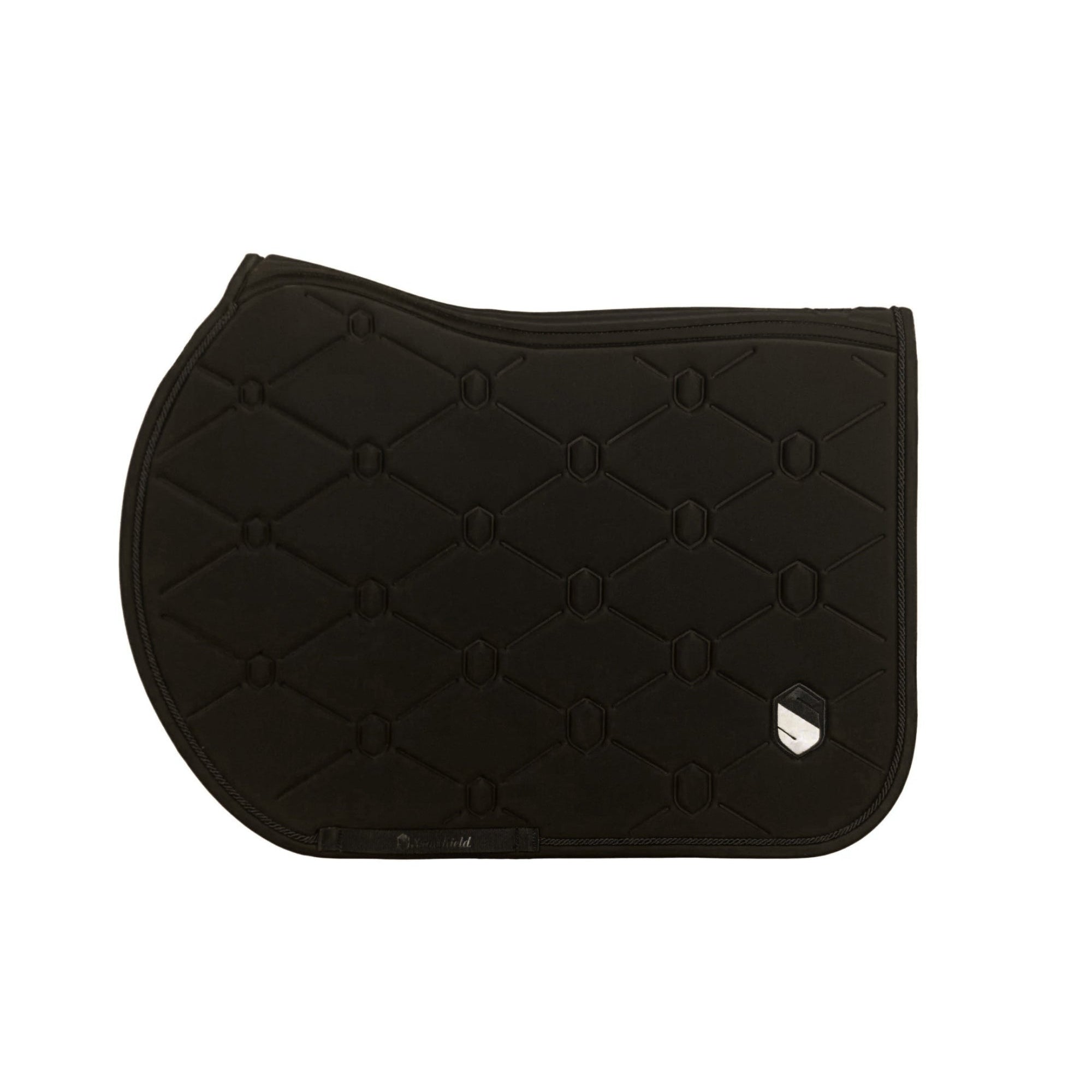 Side view of the black embroidered Samshield Spineshield Jump Pad on a white background