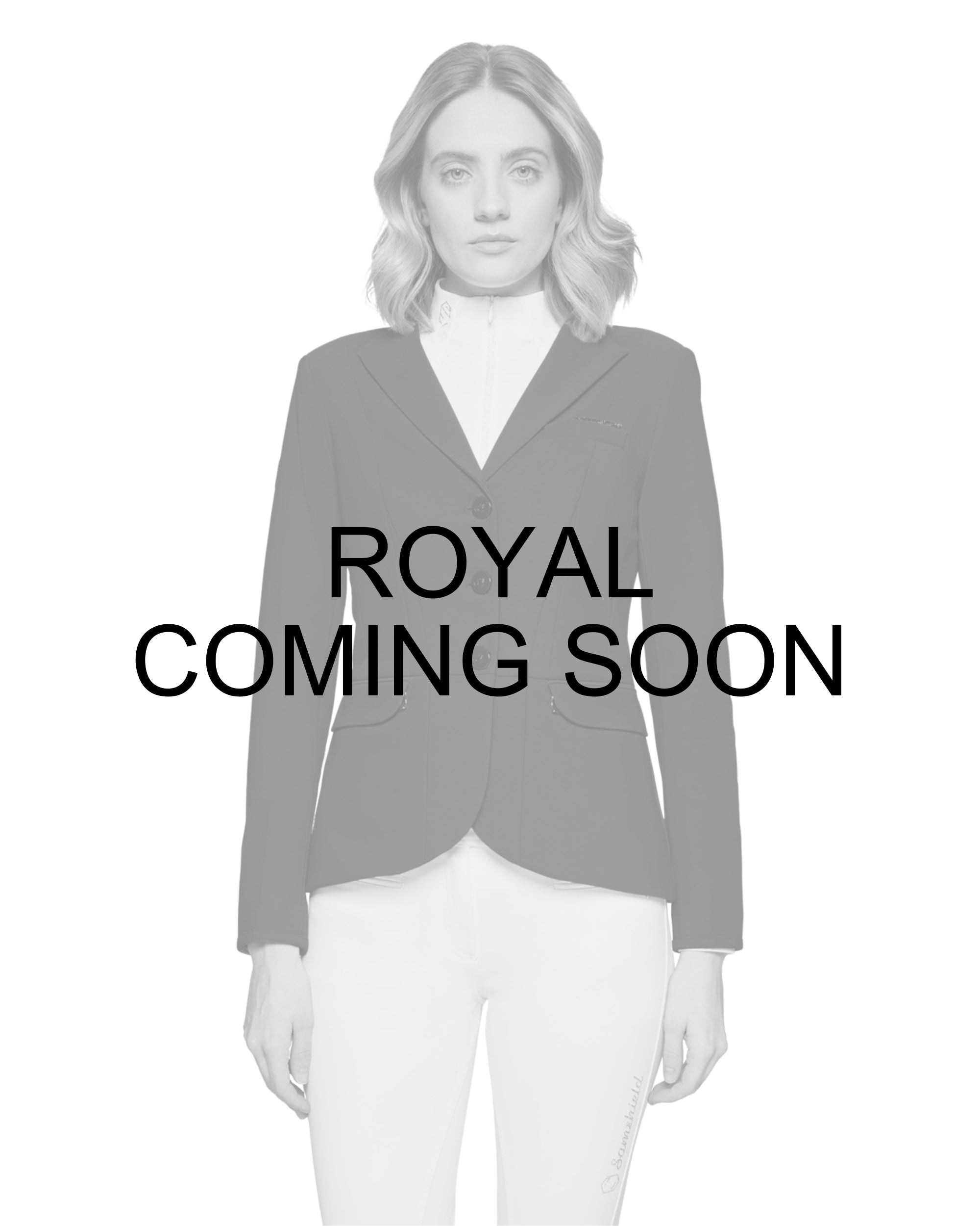 Coming Soon infographic view of a female model wearing the Royal Samshield Victory Premium Show Jacket on a plain background