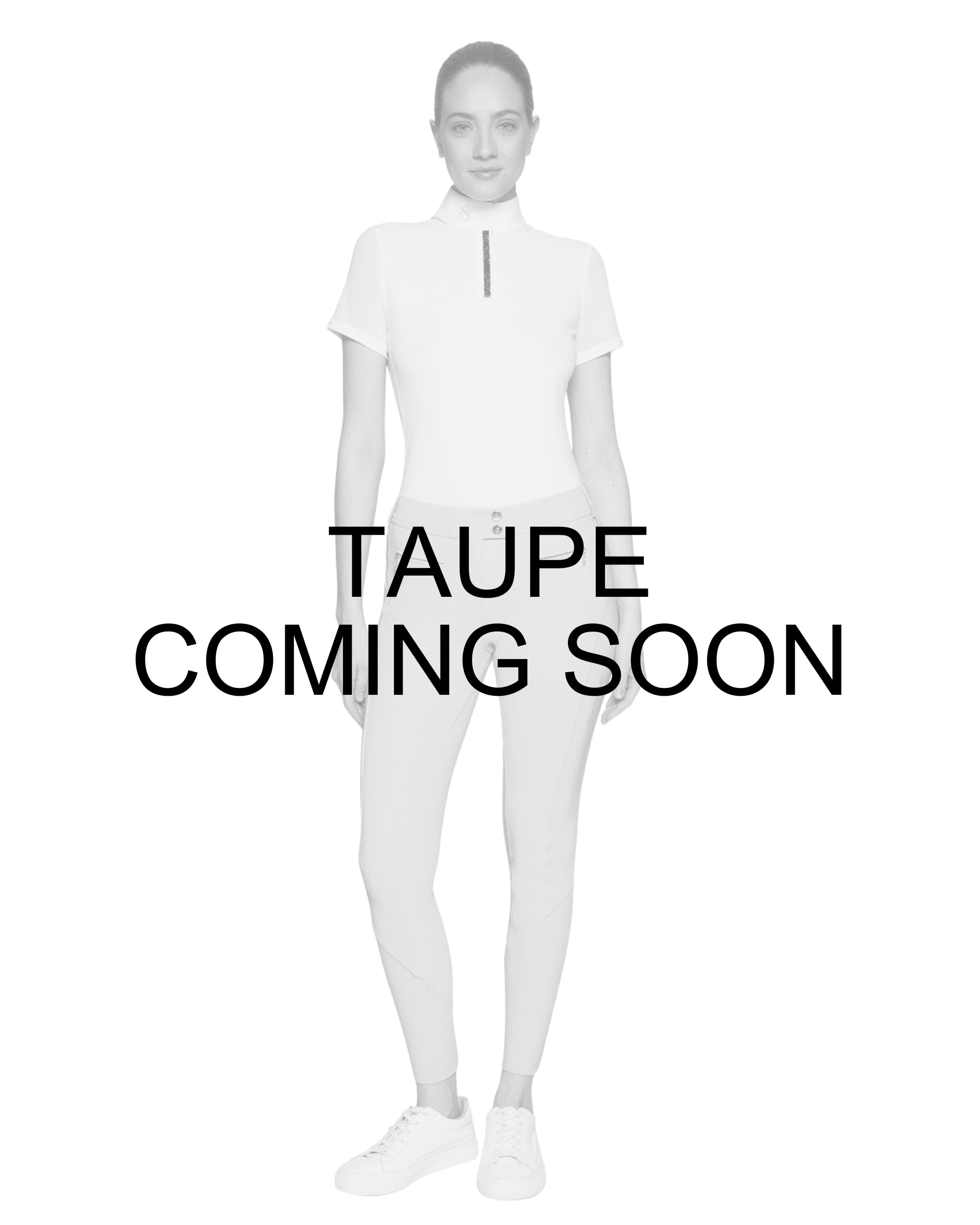 Coming Soon Infographic showing a female model wearing the Taupe Samshield Omega Full Grip Breeches on a plain background