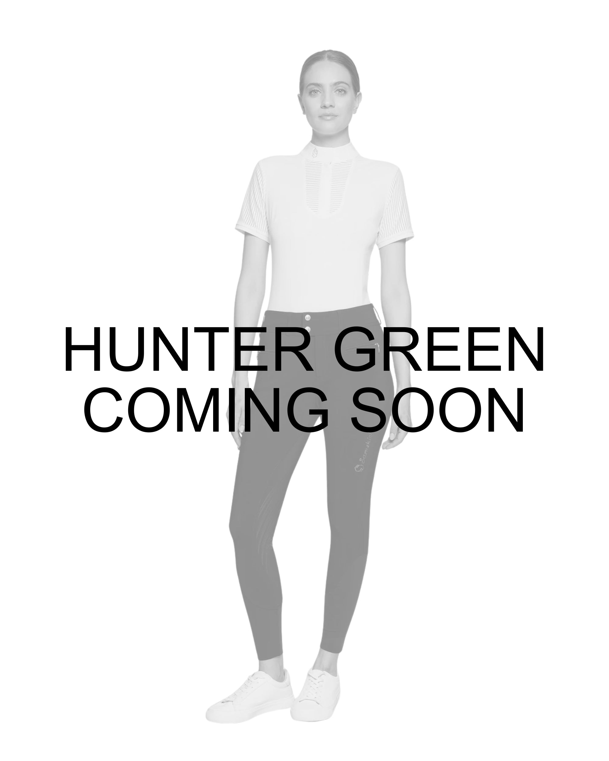 Coming Soon infographic showing a female model wearing the Hunter Green Samshield Clara Knee Grip Breeches on a plain background