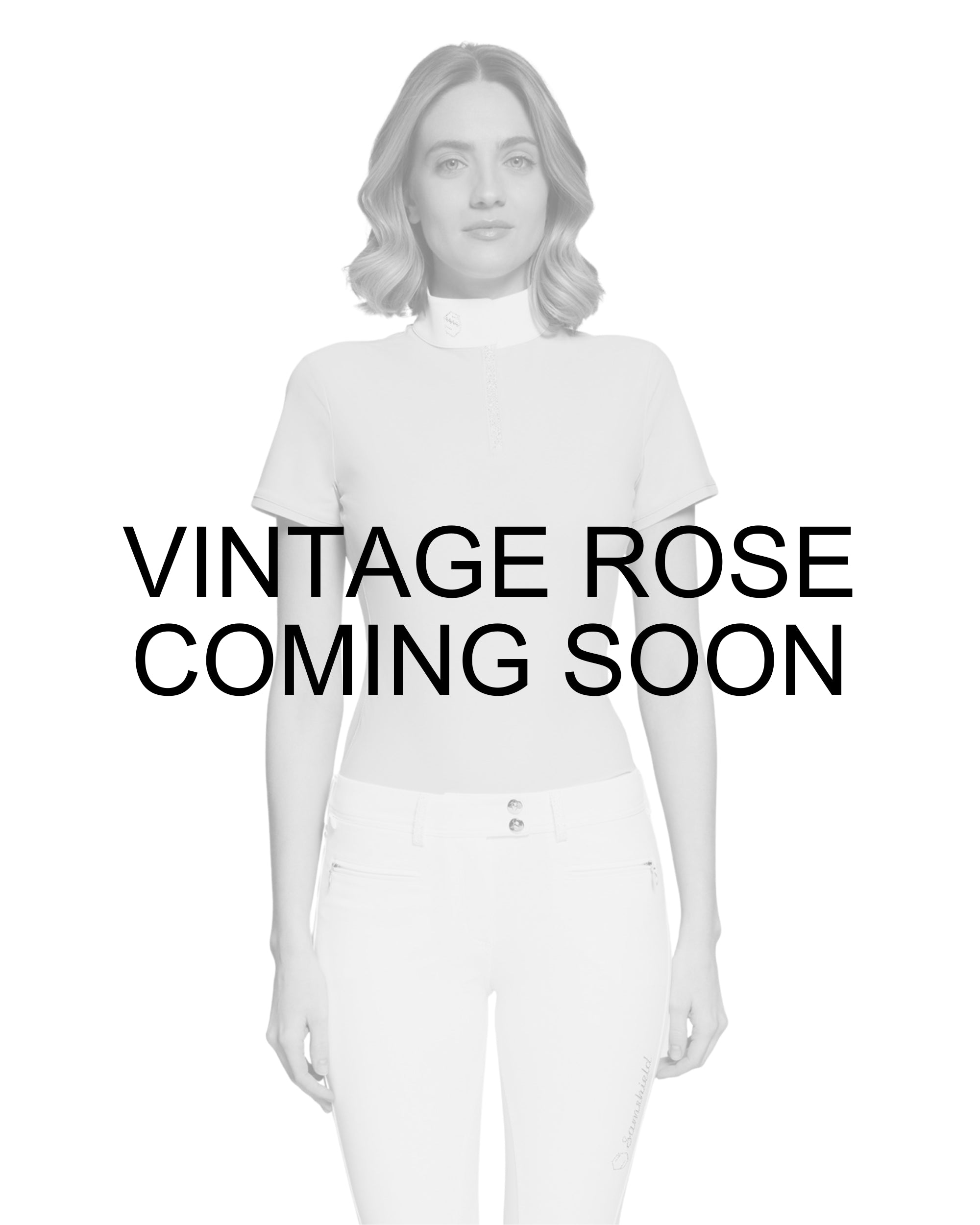 Coming Soon infographic showing a female model wearing the Vintage Rose Samshield Roxy Premium Short Sleeve Show Shirt on a plain background