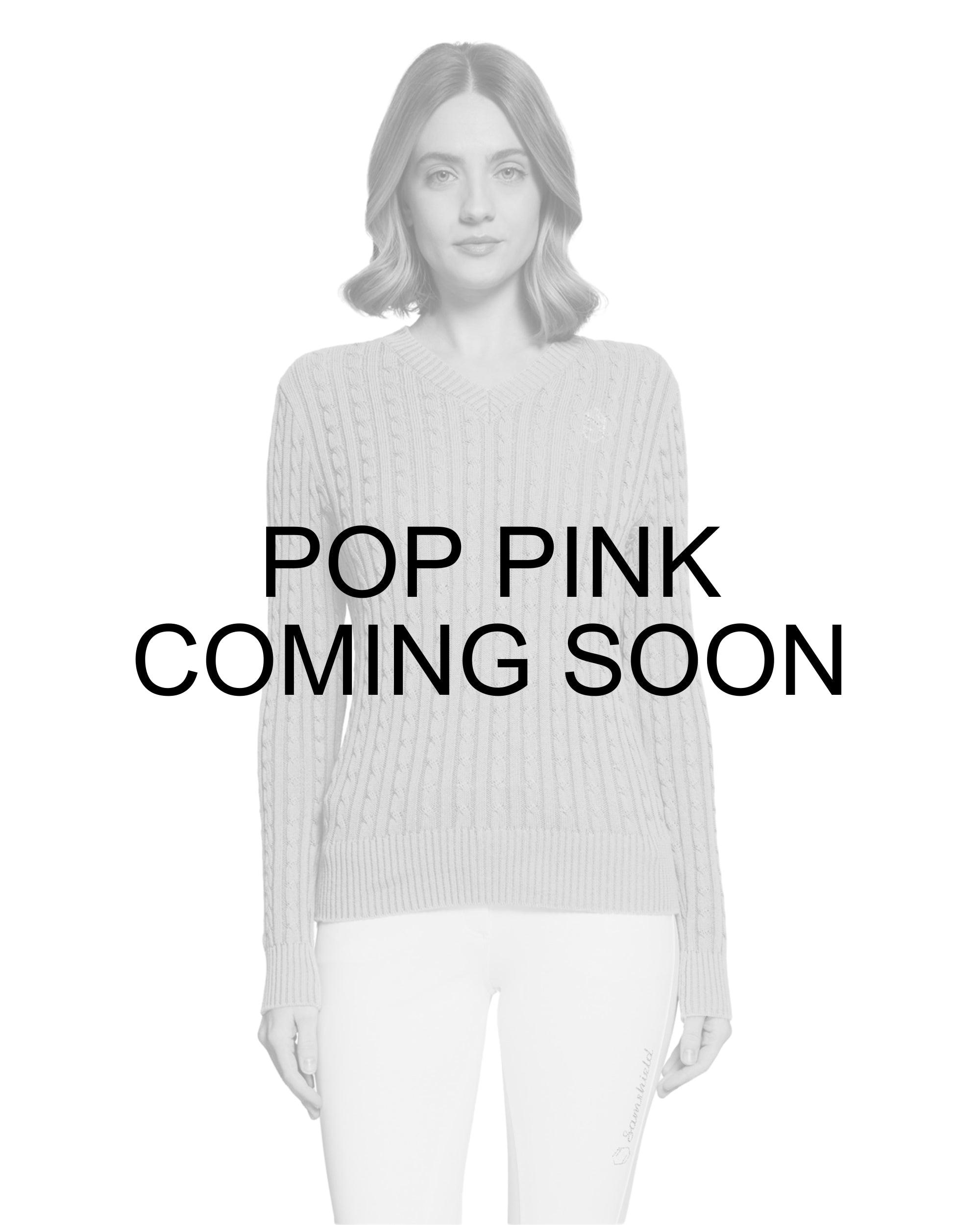 Coming Soon infographic showing a female model wearing the Pop Pink Samshield Lisa Twisted Sweater on a plain background