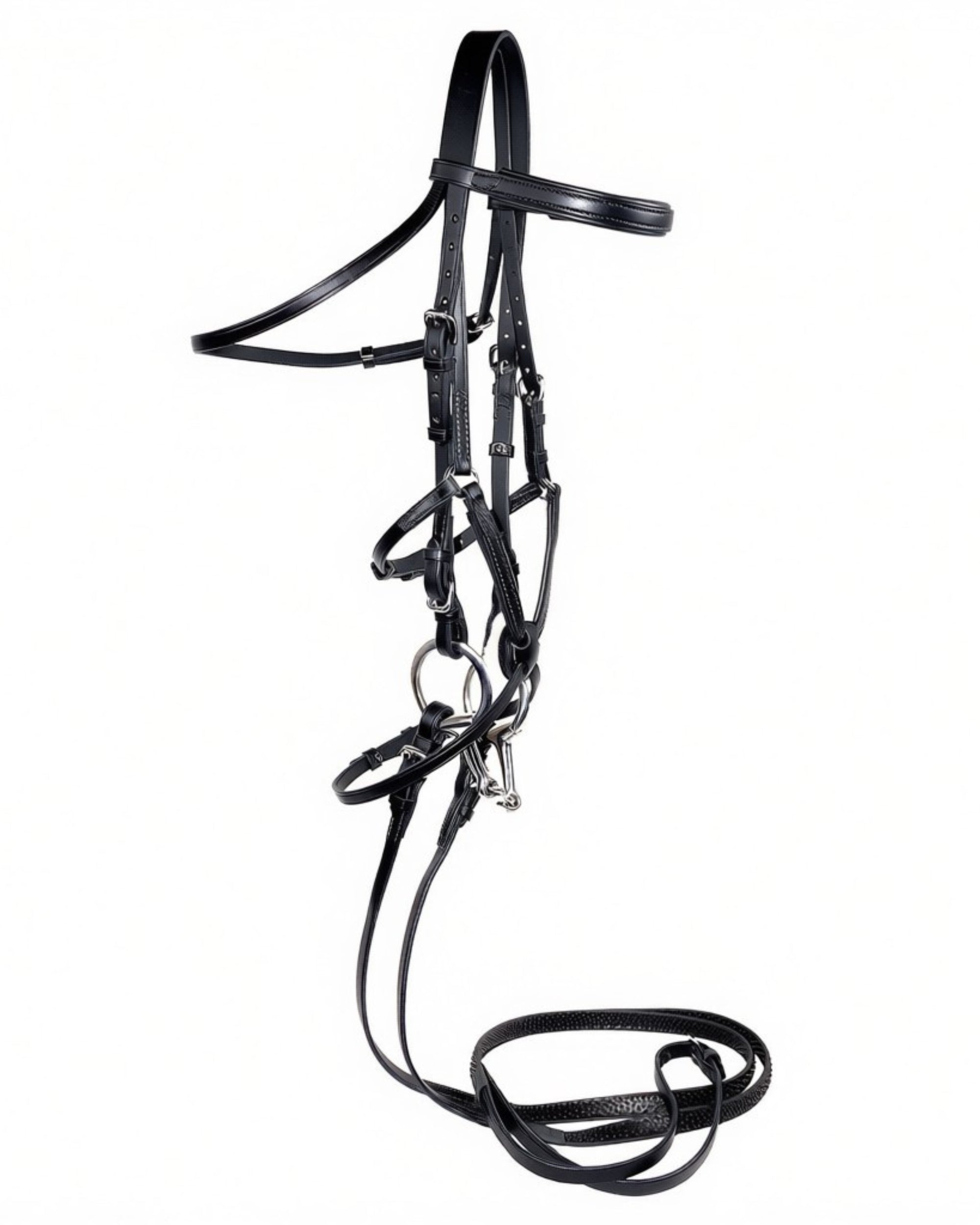 View of the black Nunn Finer Fairhill Figure 8 Event Bridle on a white background