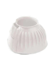 View of a white Equi-Essentials EQComposite Velcro Ribbed Bell Boot on a white background