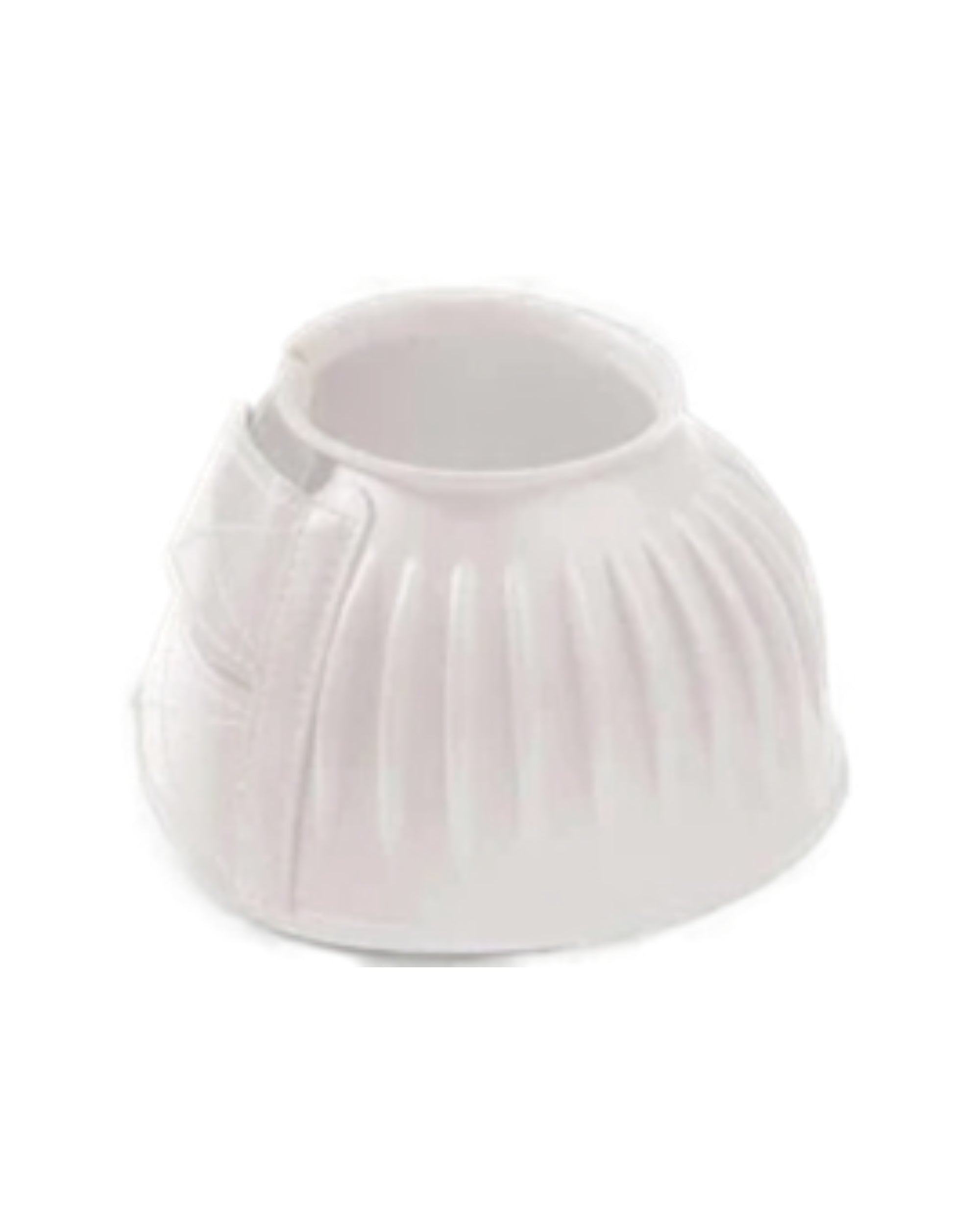 View of a white Equi-Essentials EQComposite Velcro Ribbed Bell Boot on a white background