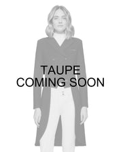 Coming soon infographic of a female model wearing the Taupe Samshield Frac Crystal Fabric Show Coat on a plain background